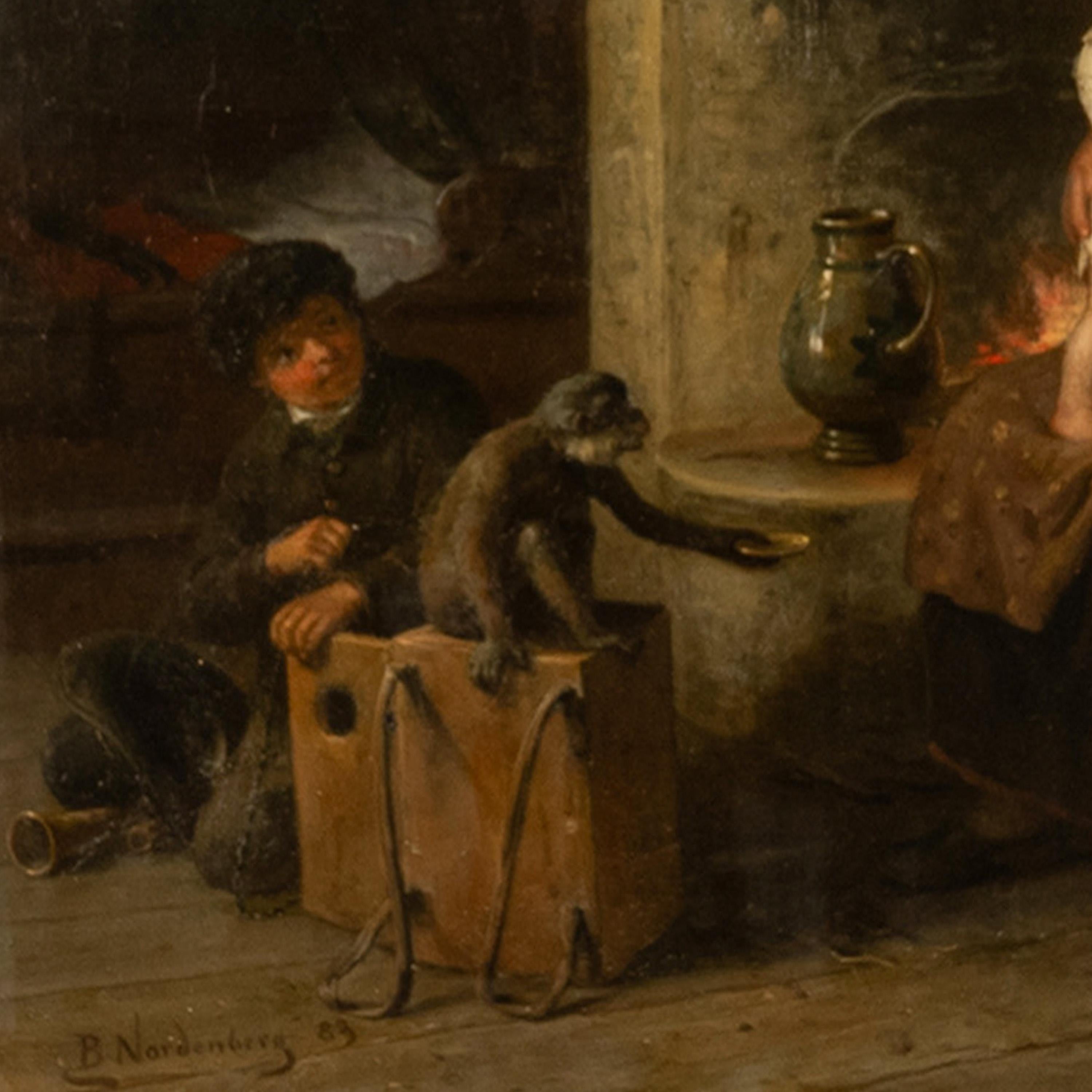Antique Swedish Oil Canvas Painting Romantic Interior Family Scene Monkey 1883 For Sale 7