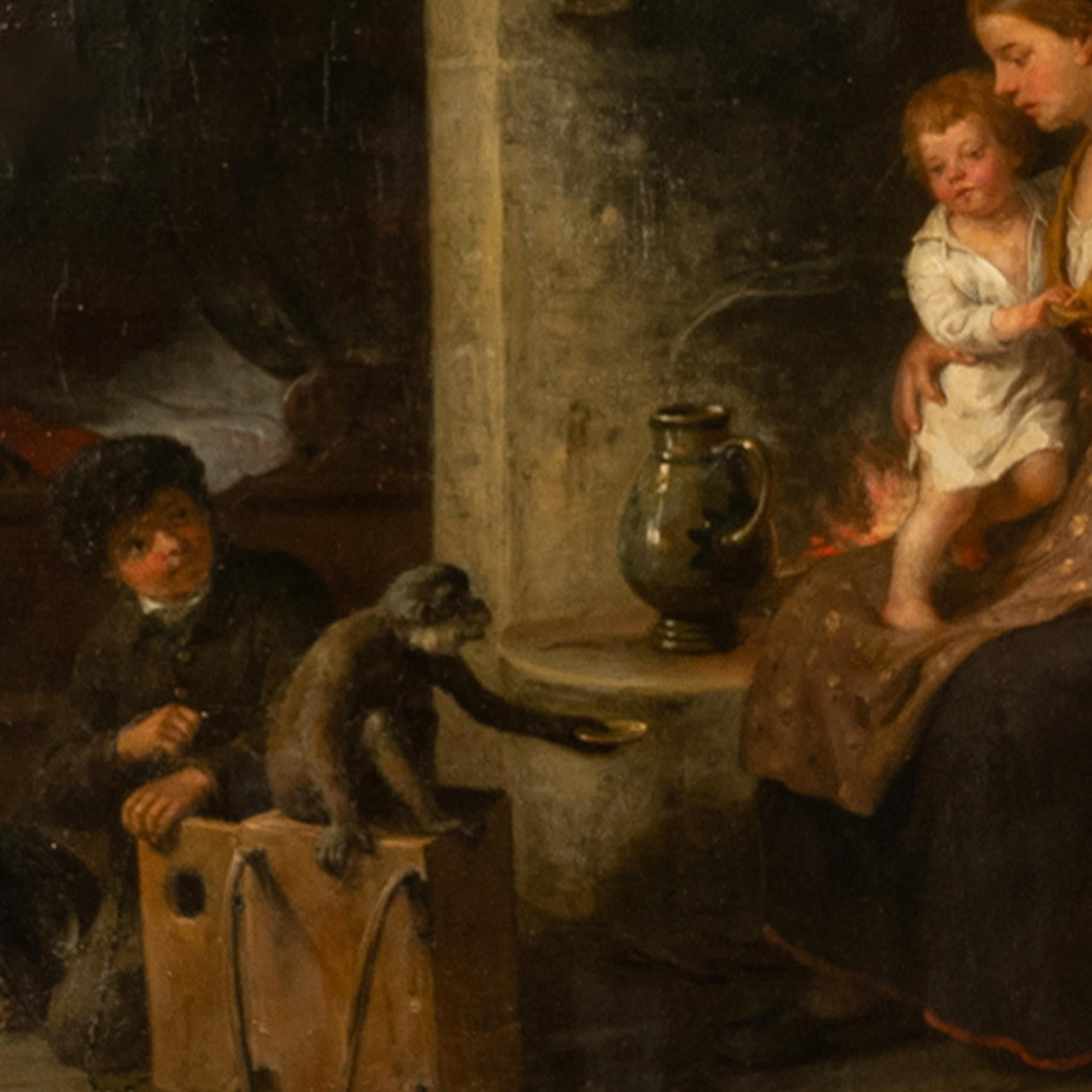 Antique Swedish Oil Canvas Painting Romantic Interior Family Scene Monkey 1883 For Sale 8