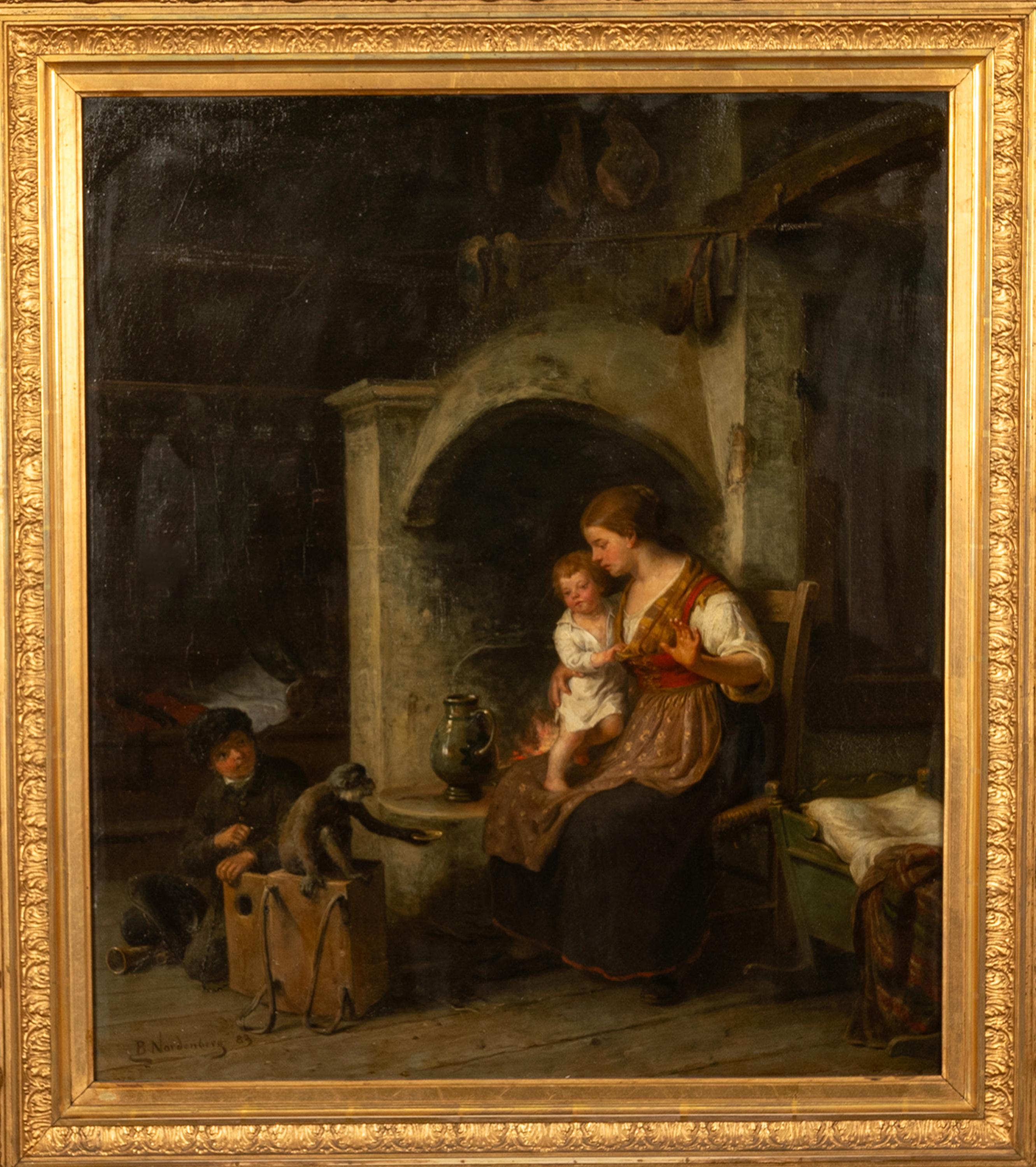 Antique Swedish Oil Canvas Painting Romantic Interior Family Scene Monkey 1883 - Brown Figurative Painting by Bengt Nordenberg