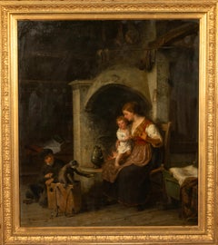 Antique Swedish Oil Canvas Painting Romantic Interior Family Scene Monkey 1883