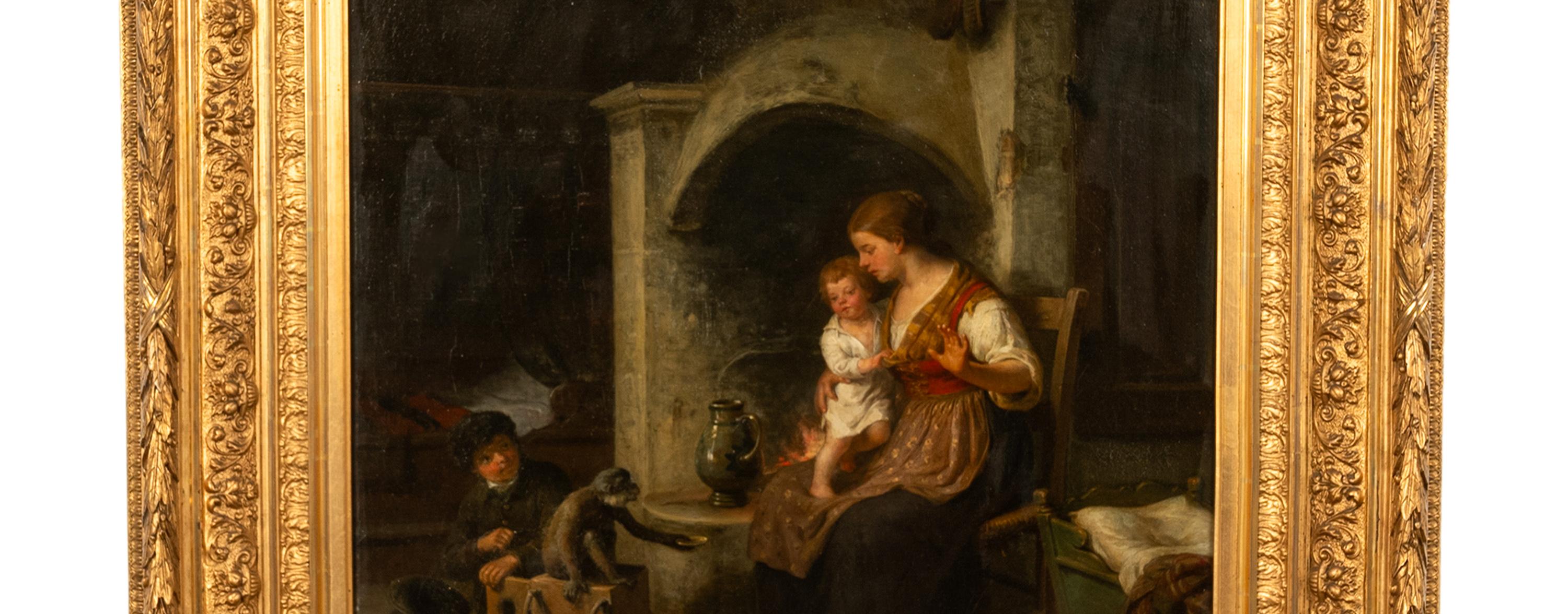 Antique Swedish Oil Canvas Painting Romantic Interior Family Scene Monkey 1883 For Sale 1
