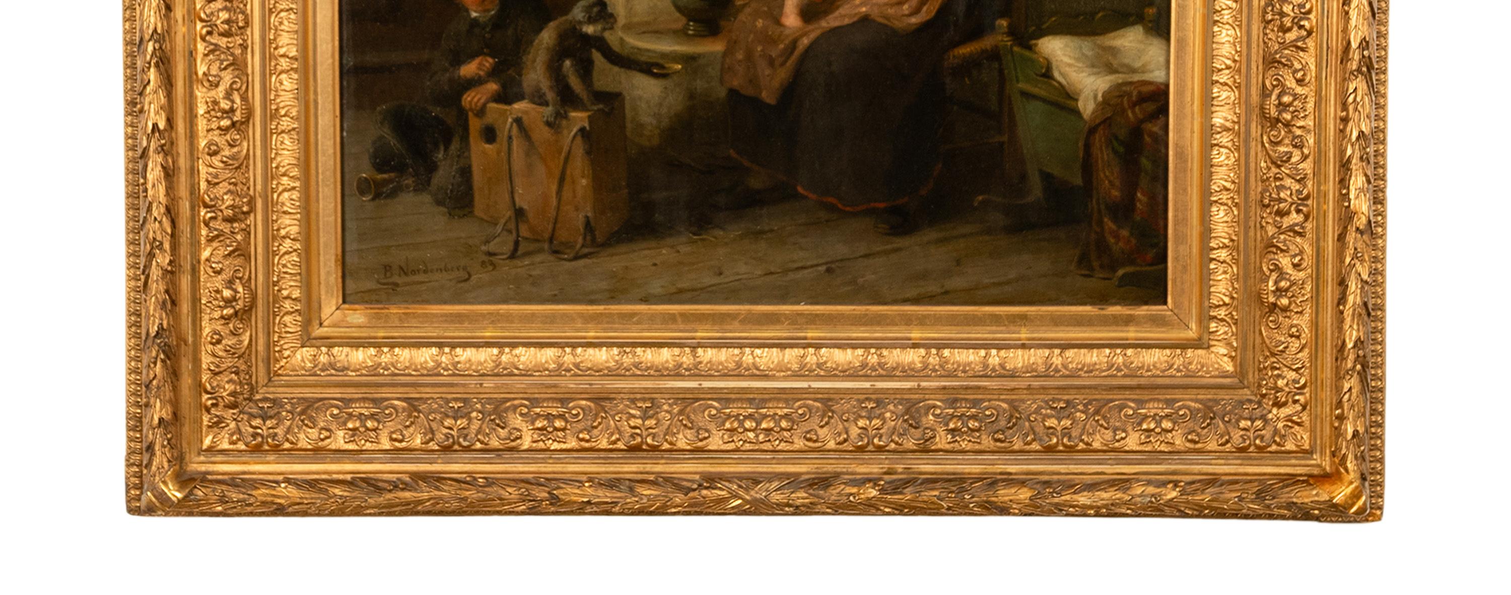 Antique Swedish Oil Canvas Painting Romantic Interior Family Scene Monkey 1883 For Sale 3