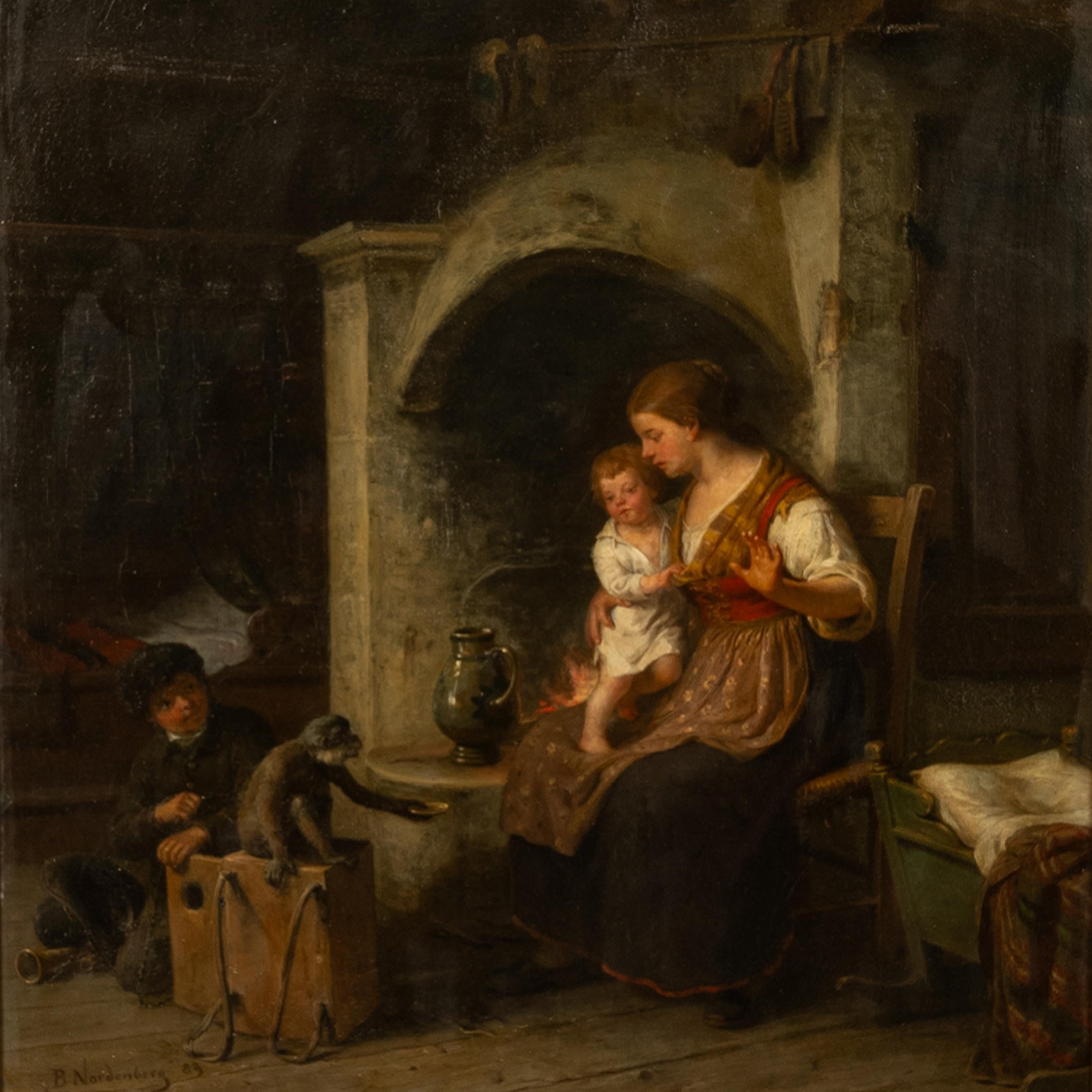 Antique Swedish Oil Canvas Painting Romantic Interior Family Scene Monkey 1883 For Sale 4