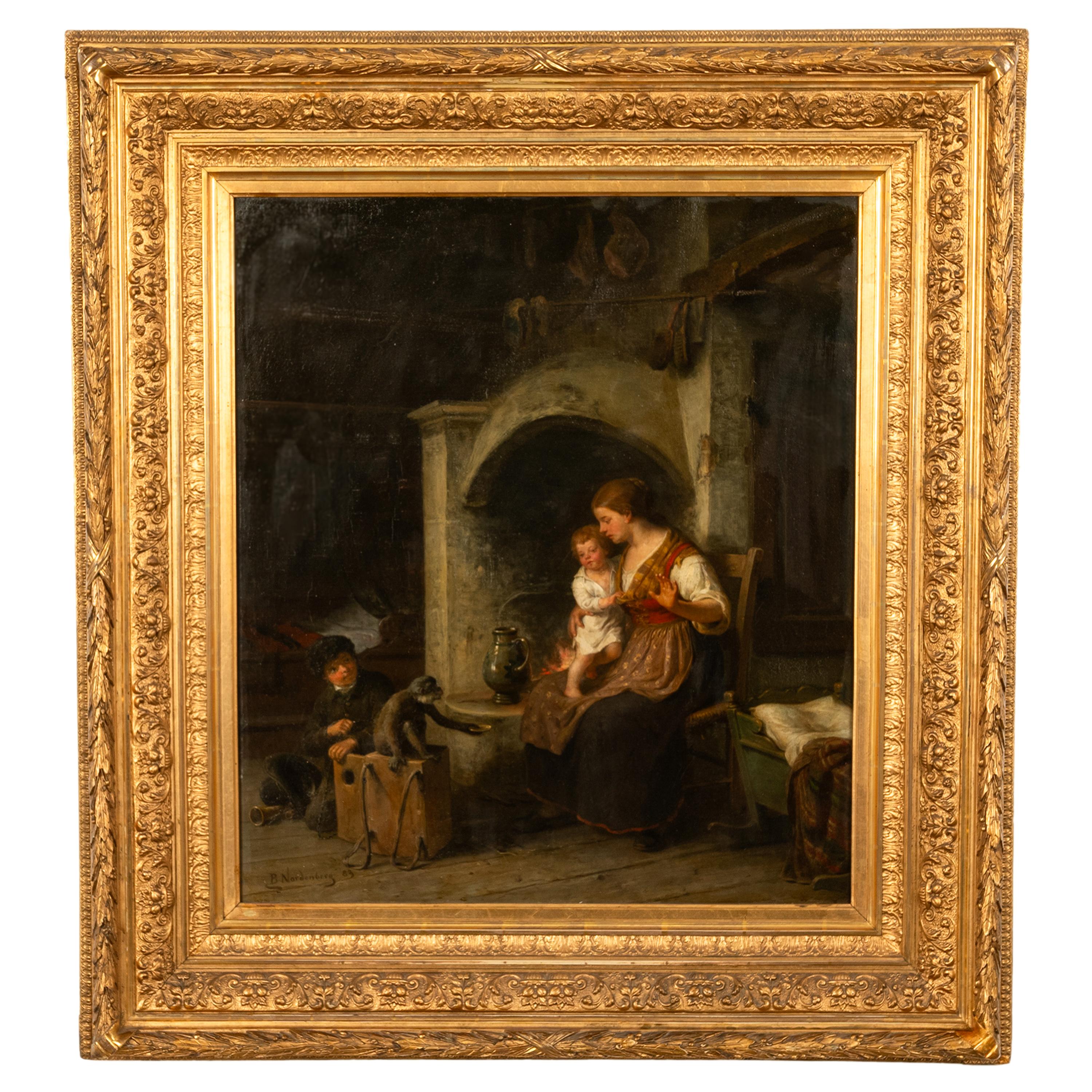Bengt Nordenberg Figurative Painting - Antique Swedish Oil Canvas Painting Romantic Interior Family Scene Monkey 1883