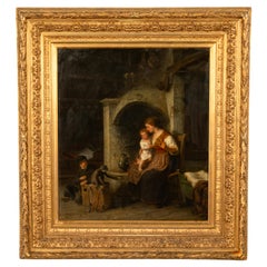 Antique Swedish Oil Canvas Painting Romantic Interior Family Scene Monkey 1883