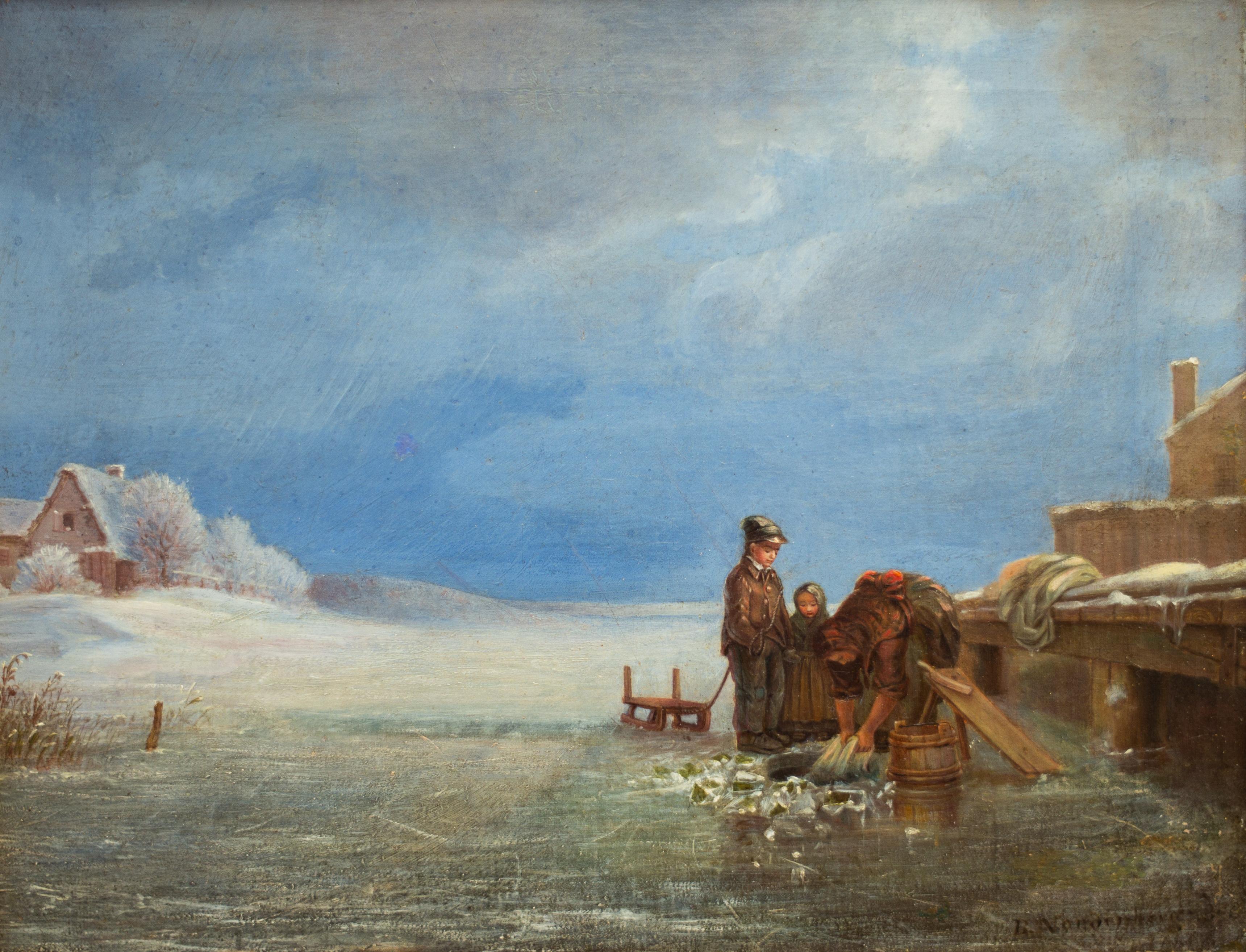 Diese stimmungsvolle Winterszene von Bengt Nordenberg fängt einen ruhigen Moment des Alltags ein: Zwei Kinder stehen am gefrorenen Rand eines Flusses oder Sees und beobachten, wie ihre Mutter in einem Eisloch Wäsche wäscht. In der Nähe steht ein