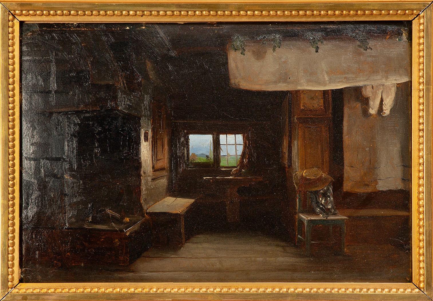 Painted Bengt Nordenberg, 19th century Study of an Interior, oil on cardboard. For Sale