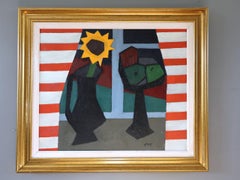 Vintage Mid Century Swedish Geometric Still Life Oil Painting - The Striped Room (La chambre rayée)