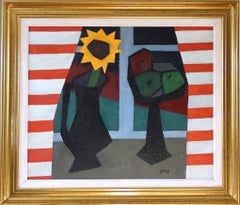 Vintage Mid Century Swedish Geometric Still Life Oil Painting - The Striped Room (La chambre rayée)