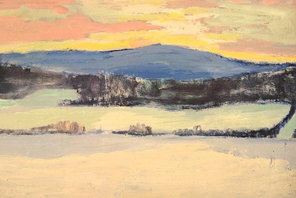 Bengt Orup Swedish Artist, Oil on Canvas, Snowy Winter Landscape In Good Condition In Copenhagen, DK