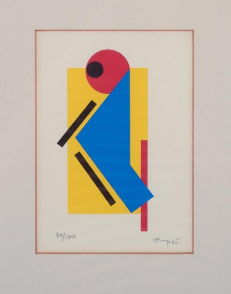 Bengt Orup (1916-1996), ein schwedischer Künstler, der auf der Liste steht. 
Farblithographie auf Papier.
Geometrische Komposition.
Mit Bleistift signiert und datiert 1985.
Auflage 95/100.
In perfektem Zustand.
Sichtbare Abmessungen: 14,0 cm x 20,0