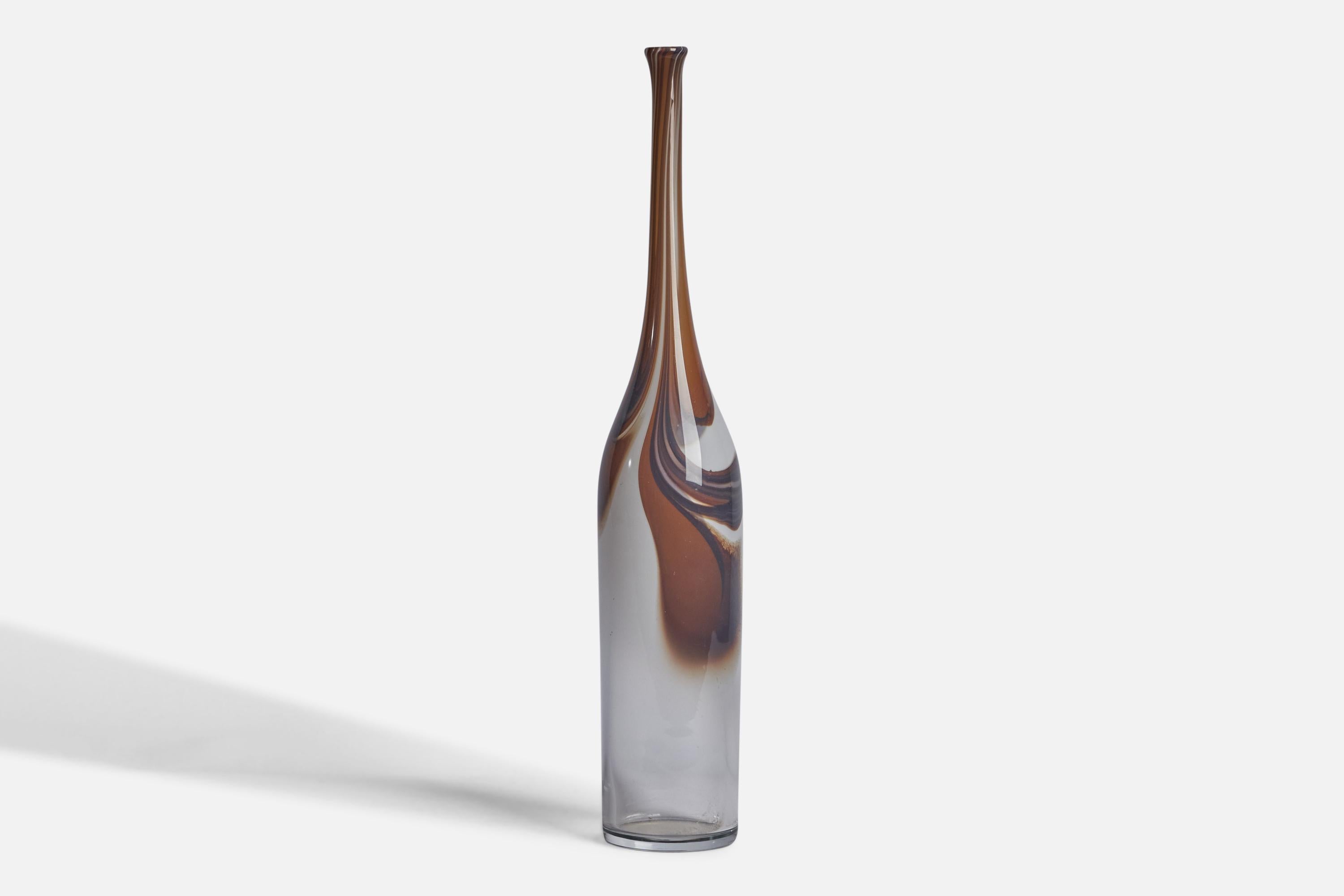 A brown and black-coloured blown glass vase designed by Bengt Orup and produced by Johansfors Glasbruk, Sweden, c. 1960s.