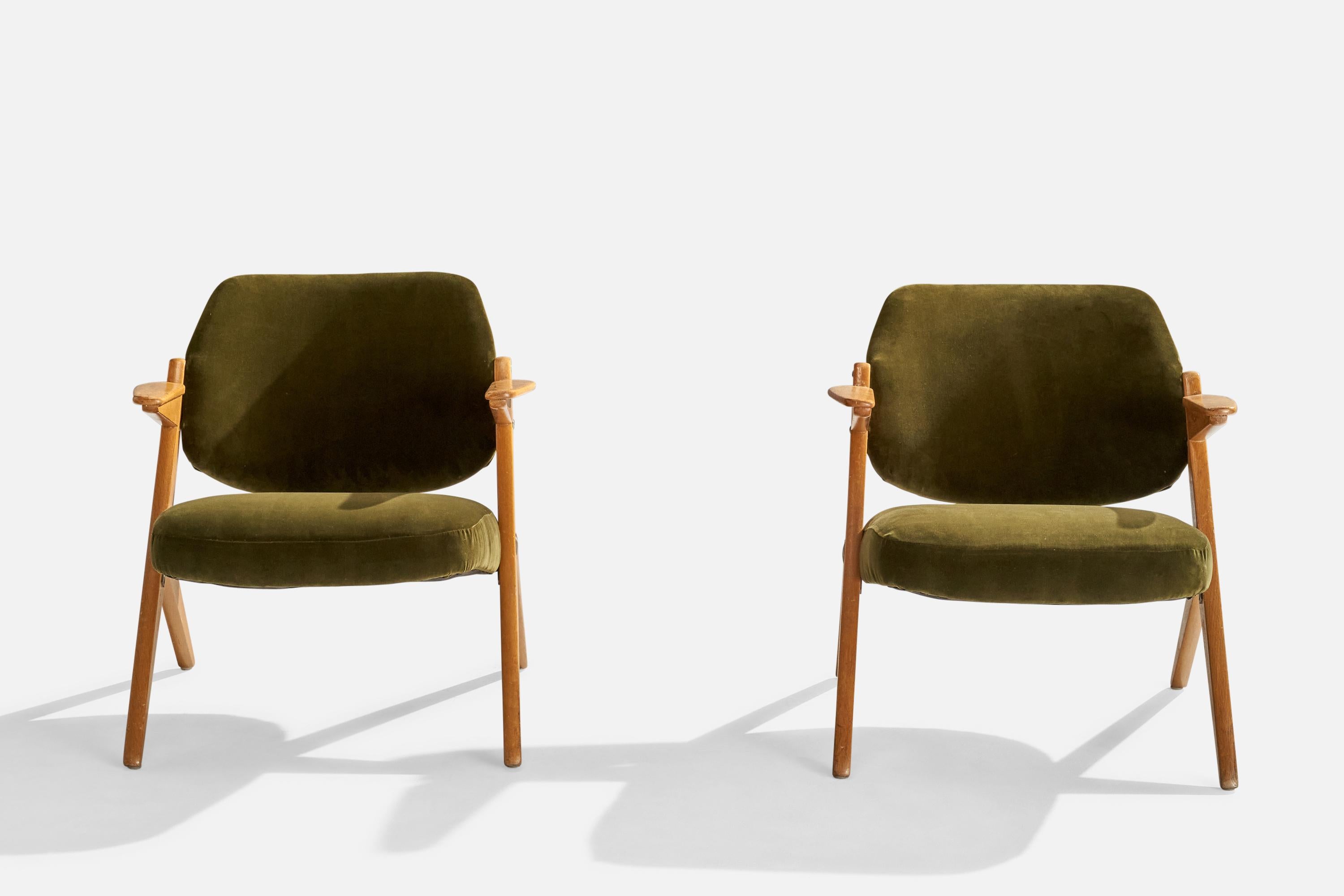 Swedish Bengt Ruda, Lounge Chairs, Oak, Velvet, Sweden, 1950s For Sale