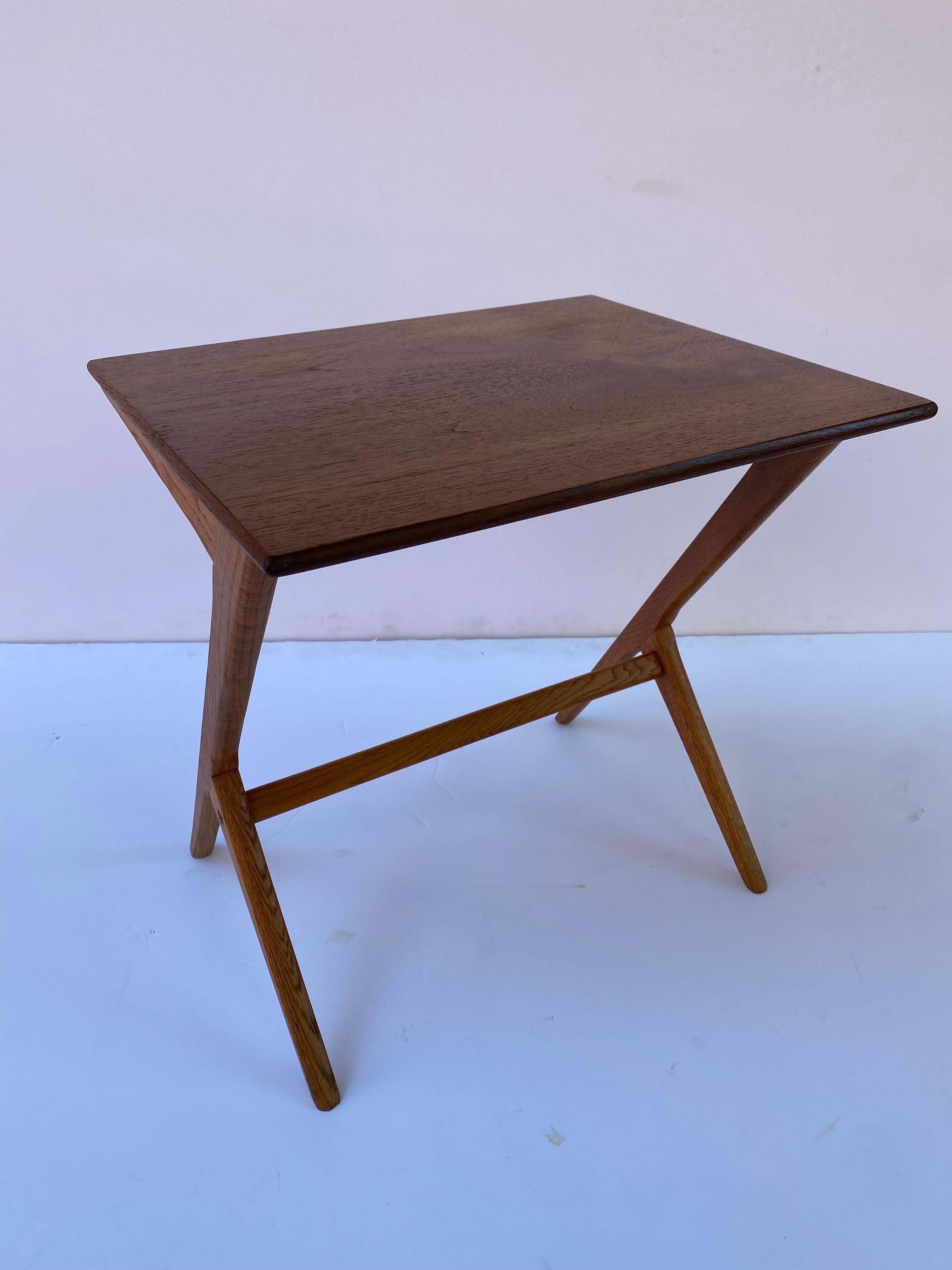 Bengt Ruda Teak and Oak Scissor Table.  Beautiful Graceful Design, usually seen as a Set of 3 Nesting Tables.  I believe this is the largest of the 3 sizes.  Perfect to use on it's own!  Refinished and ready to go!  I have delivery people traveling