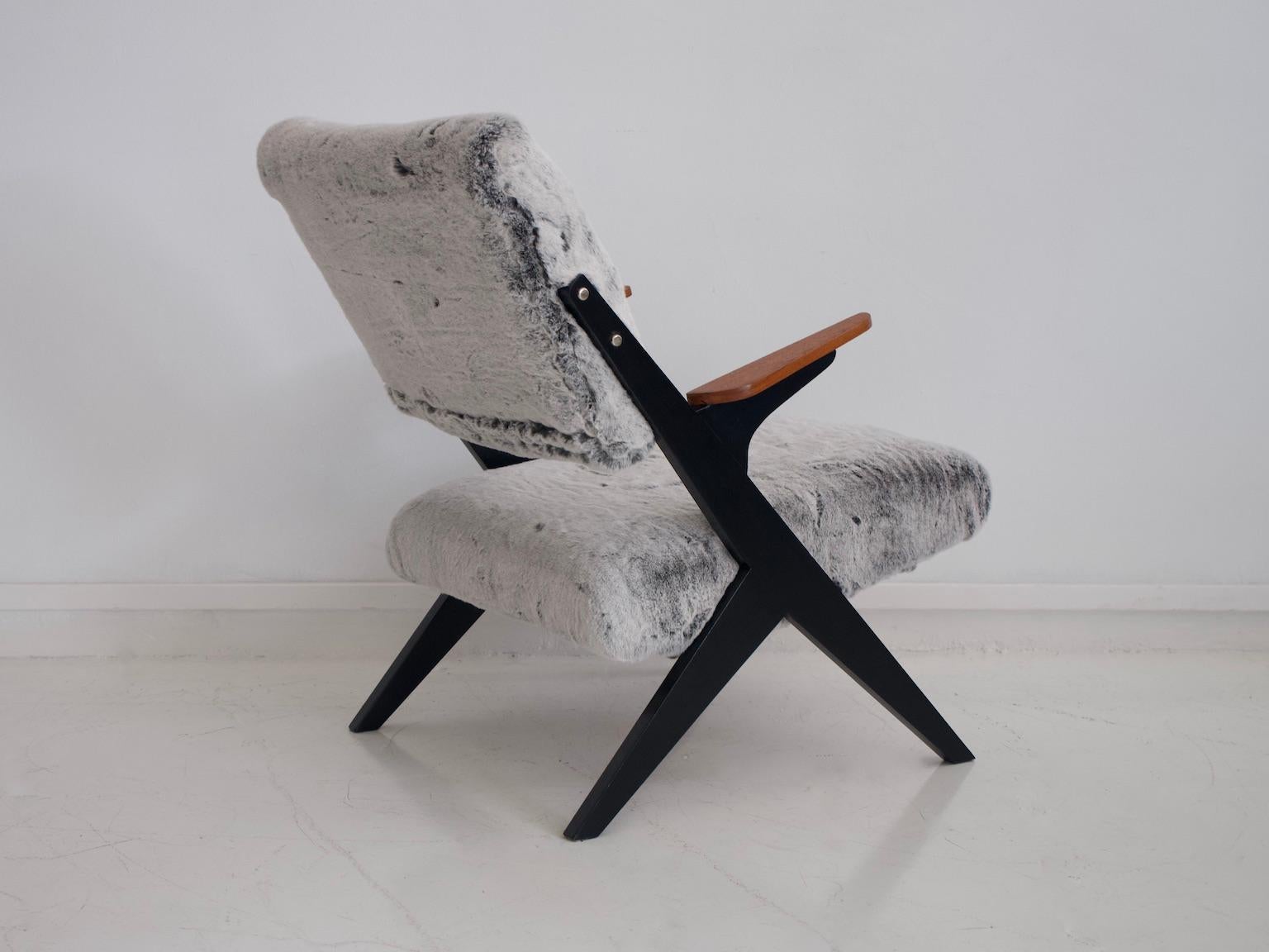 Bengt Ruda Teak and Ebonized Wood Chair with Faux Fur Upholstery 4