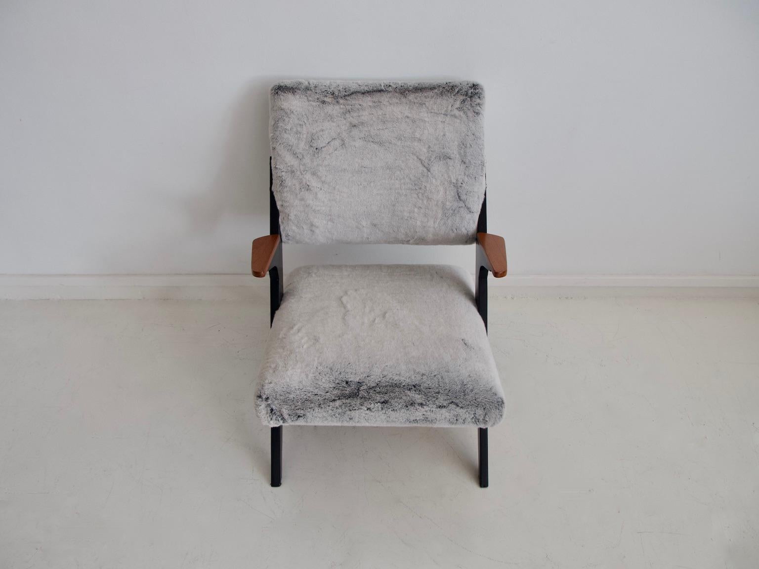 Scandinavian Modern Bengt Ruda Teak and Ebonized Wood Chair with Faux Fur Upholstery
