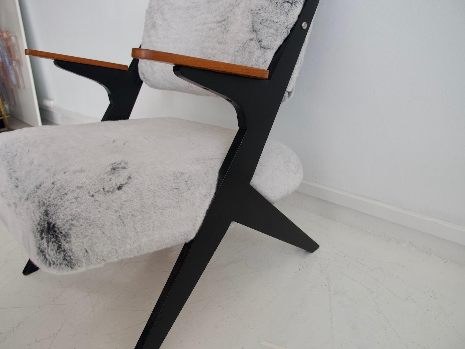 Bengt Ruda Teak and Ebonized Wood Chair with Faux Fur Upholstery 2