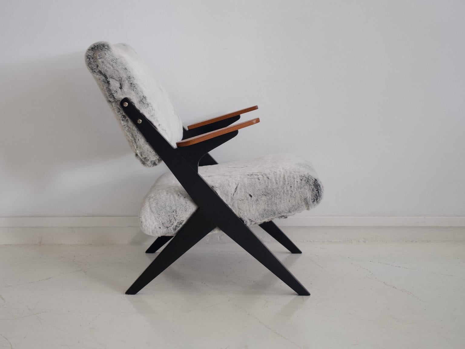 Bengt Ruda Teak and Ebonized Wood Chair with Faux Fur Upholstery 3