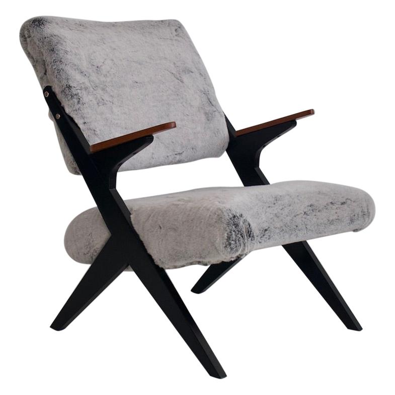 Bengt Ruda Teak and Ebonized Wood Chair with Faux Fur Upholstery