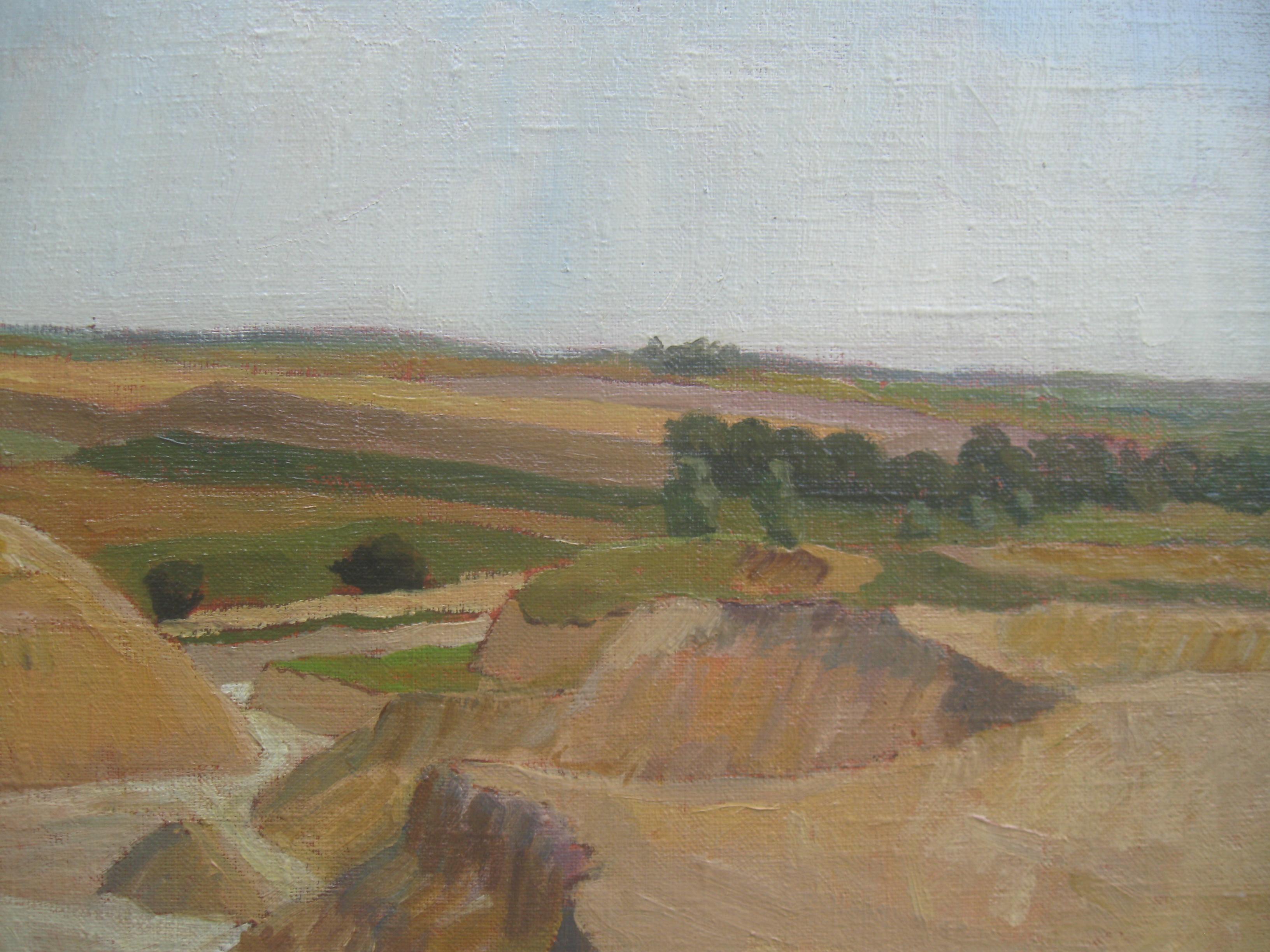 A fine oil by Bengy Hansson ( Danish) circa 1974.
Landscape with a quarry .
An extensive natural landscape interupted by mans activity scaring the natural topography creating artificial cliffs and valleys due to extracting minerals.
Thicky painted