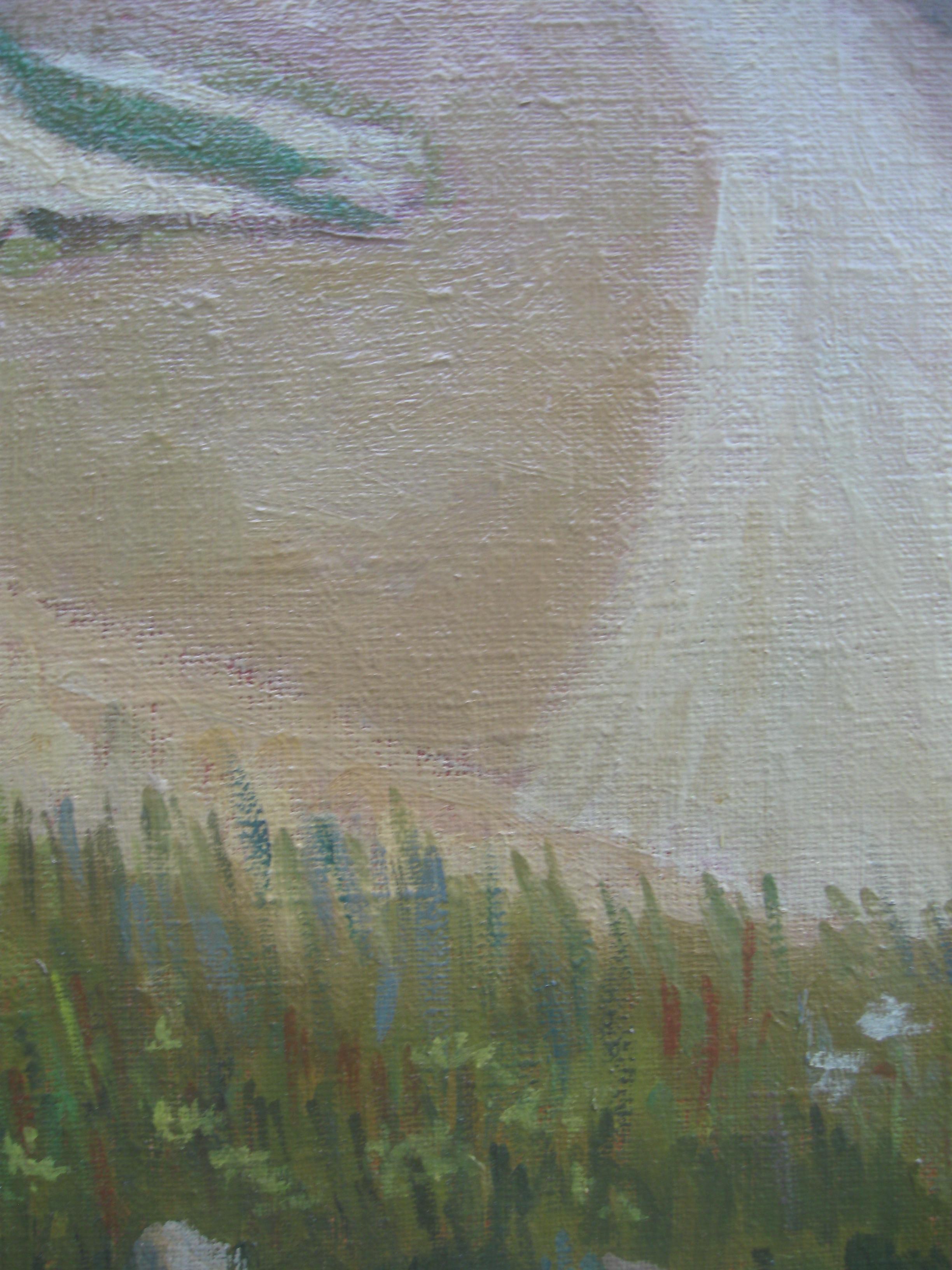 Peinture à l'huile sur toile Paysage avec cerisier, circa 1974 en vente 1