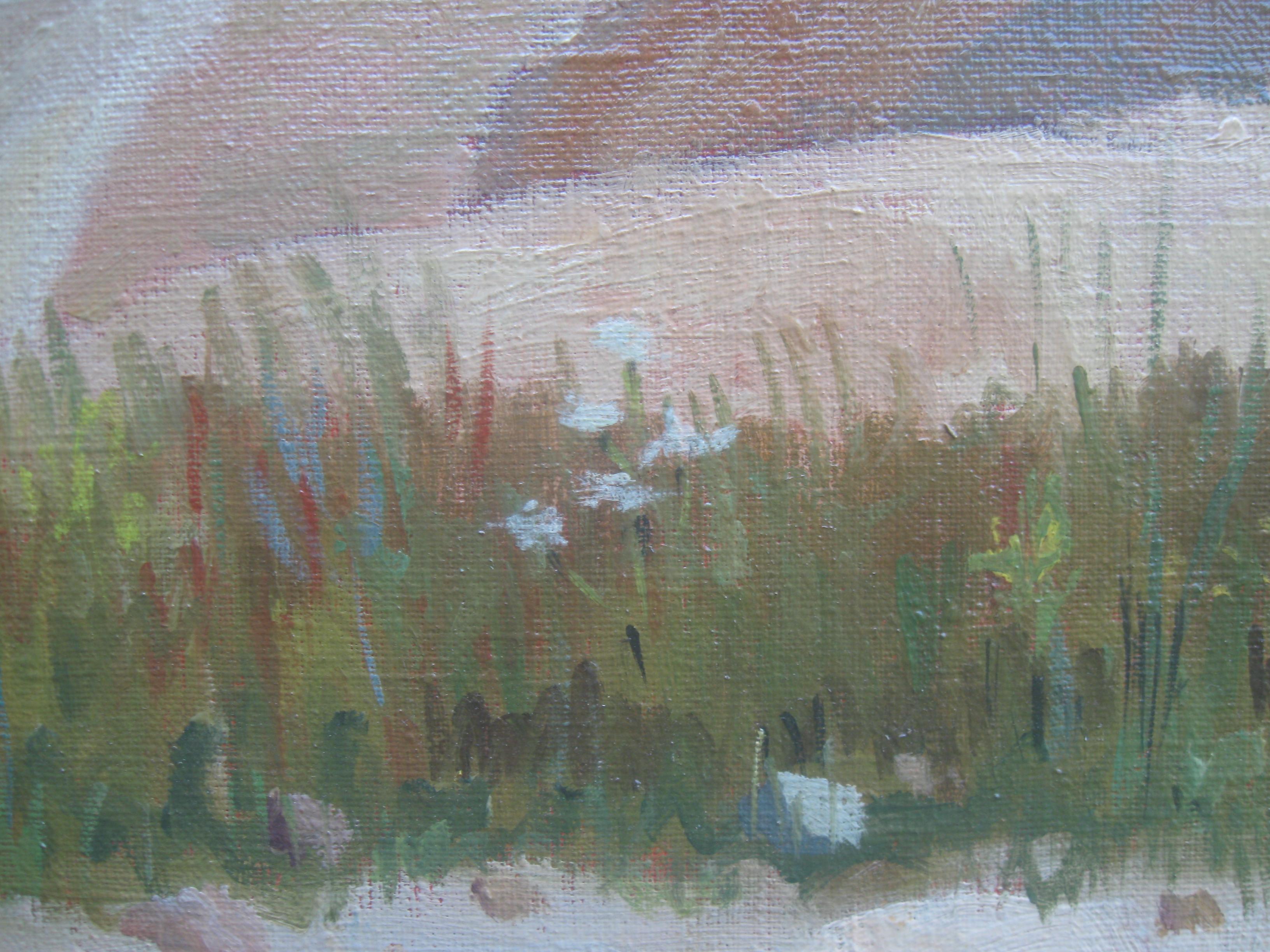 Peinture à l'huile sur toile Paysage avec cerisier, circa 1974 en vente 3