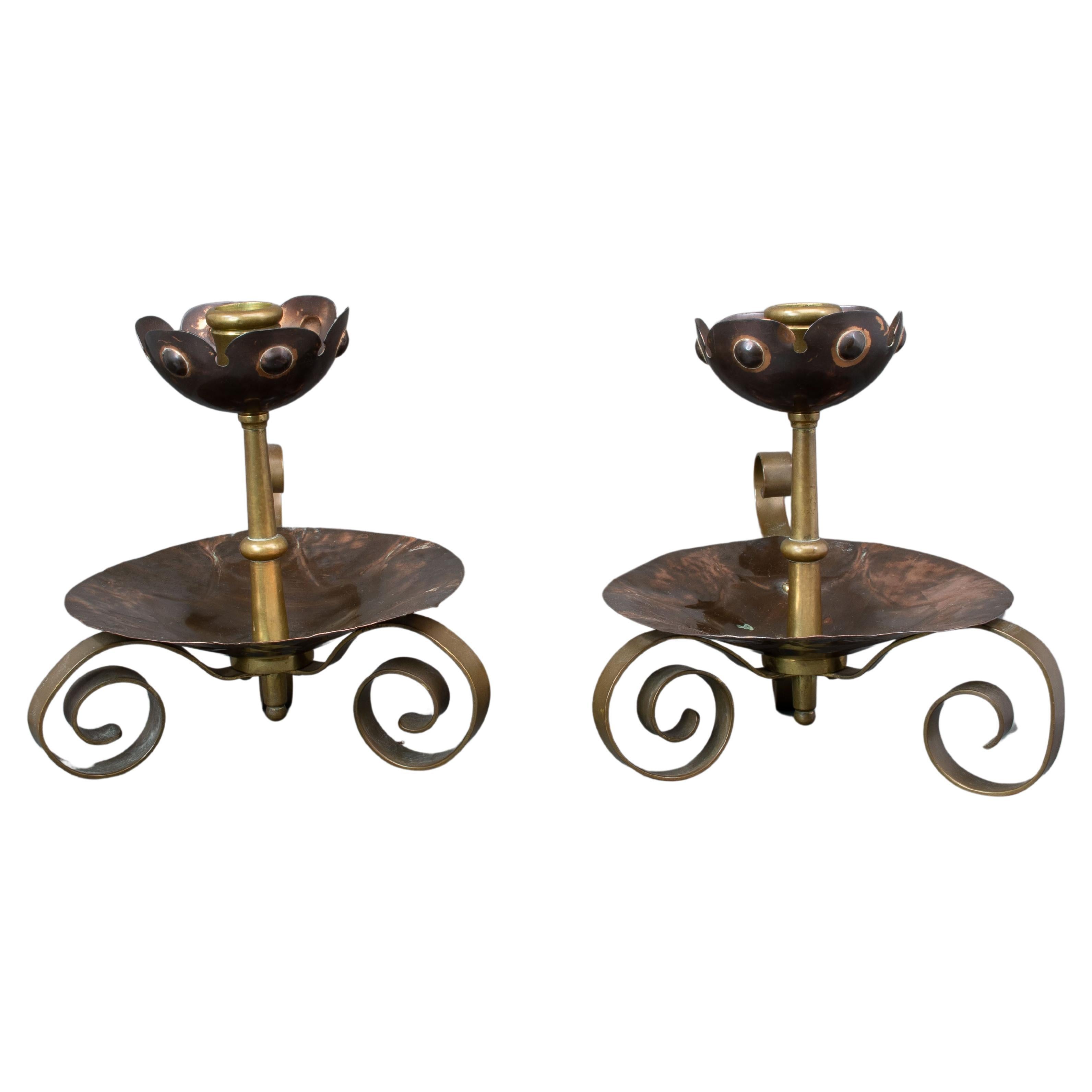 Benham & Froud. Pair of Arts & Crafts copper night candle holder w. flower head