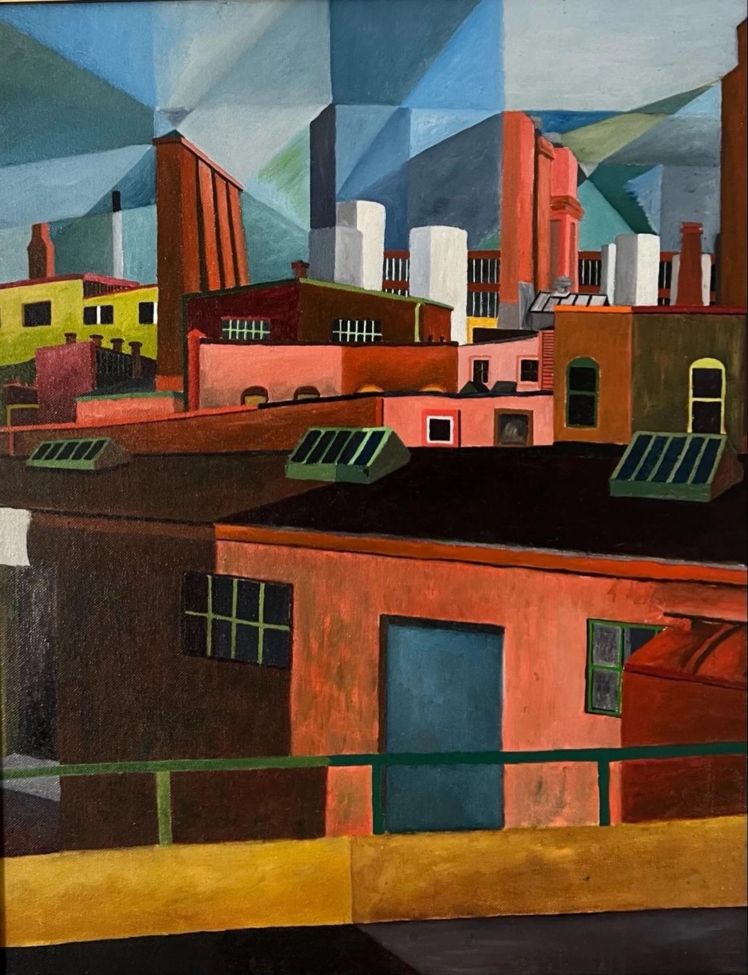 Beni E. Kosh Landscape Painting - Factory Scene WPA Mid 20th Century American Realism Cubist Industrial Modernism