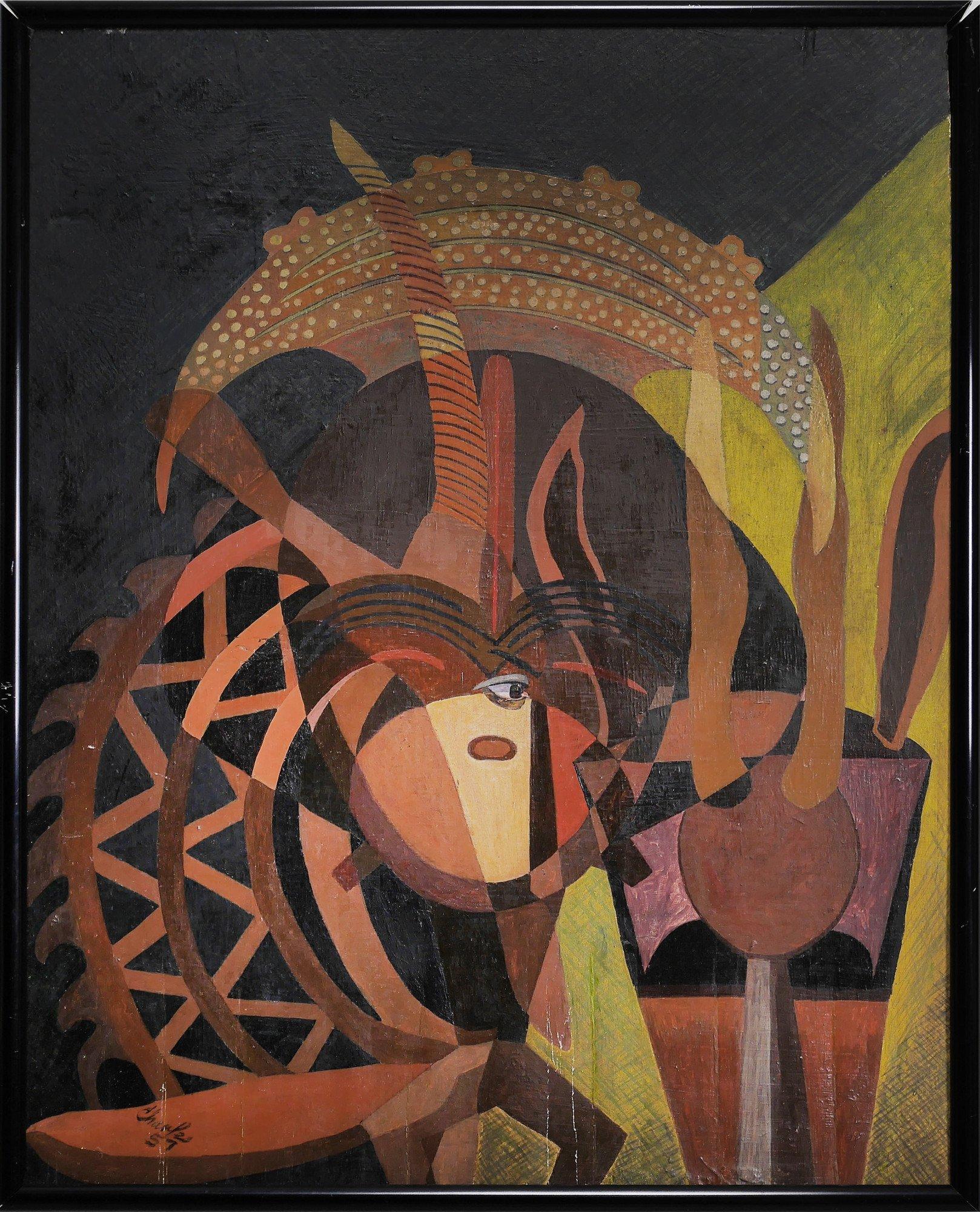 Meditation on African Sculpture, mid-century figural abstract painting - Painting by Beni E. Kosh