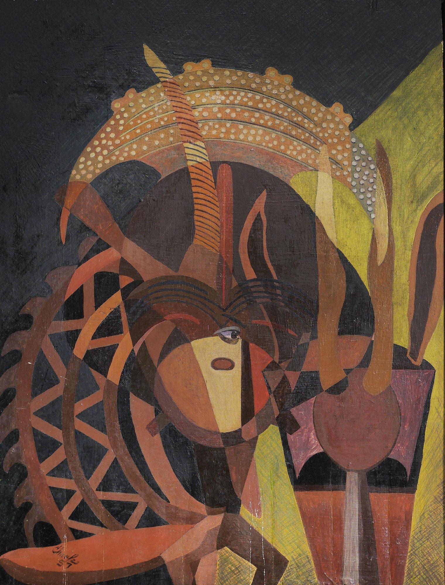 Meditation on African Sculpture, mid-century figural abstract painting - Modern Painting by Beni E. Kosh