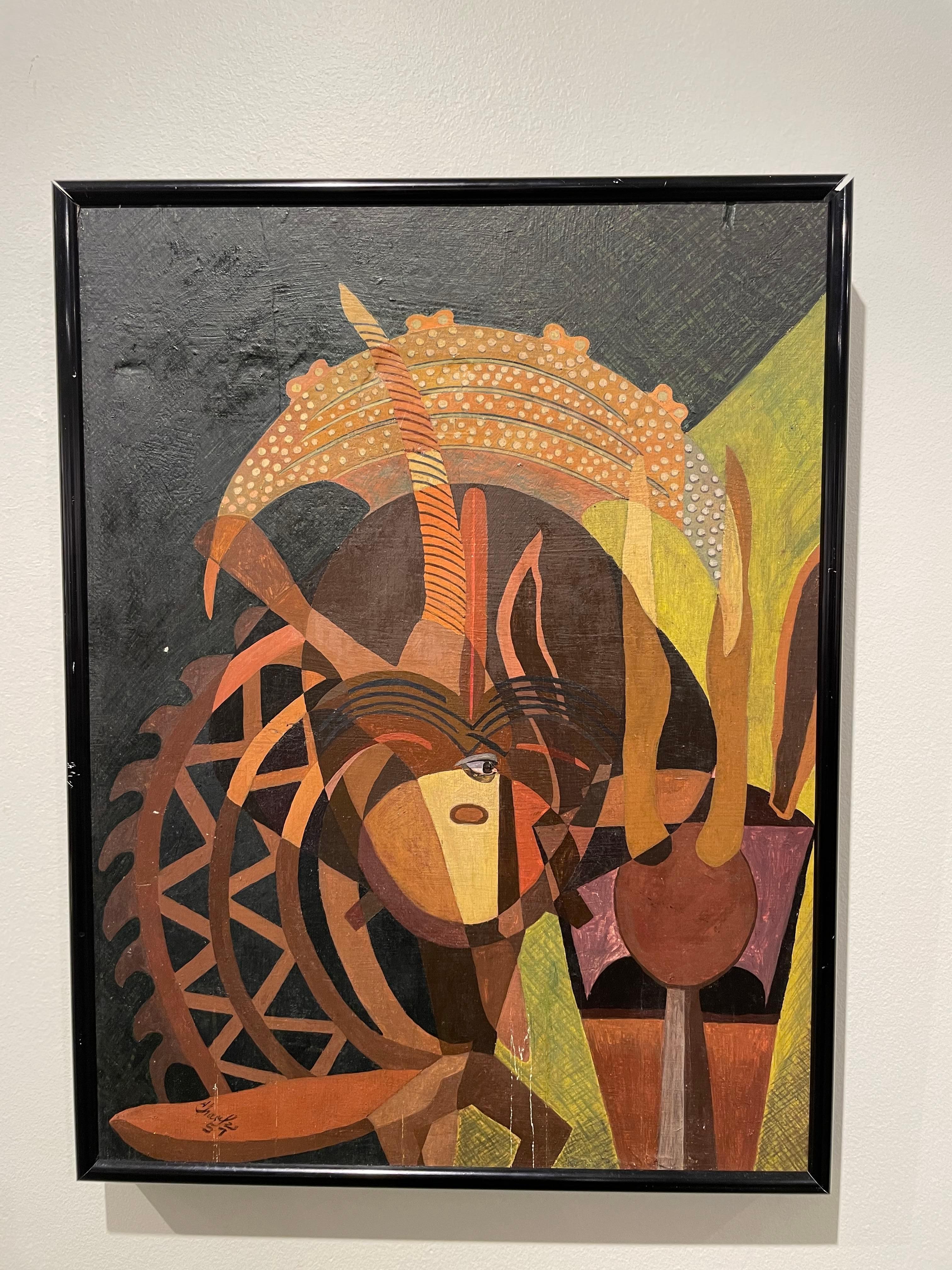 Méditation sur la sculpture africaine, peinture abstraite figurative du milieu du siècle dernier en vente 2