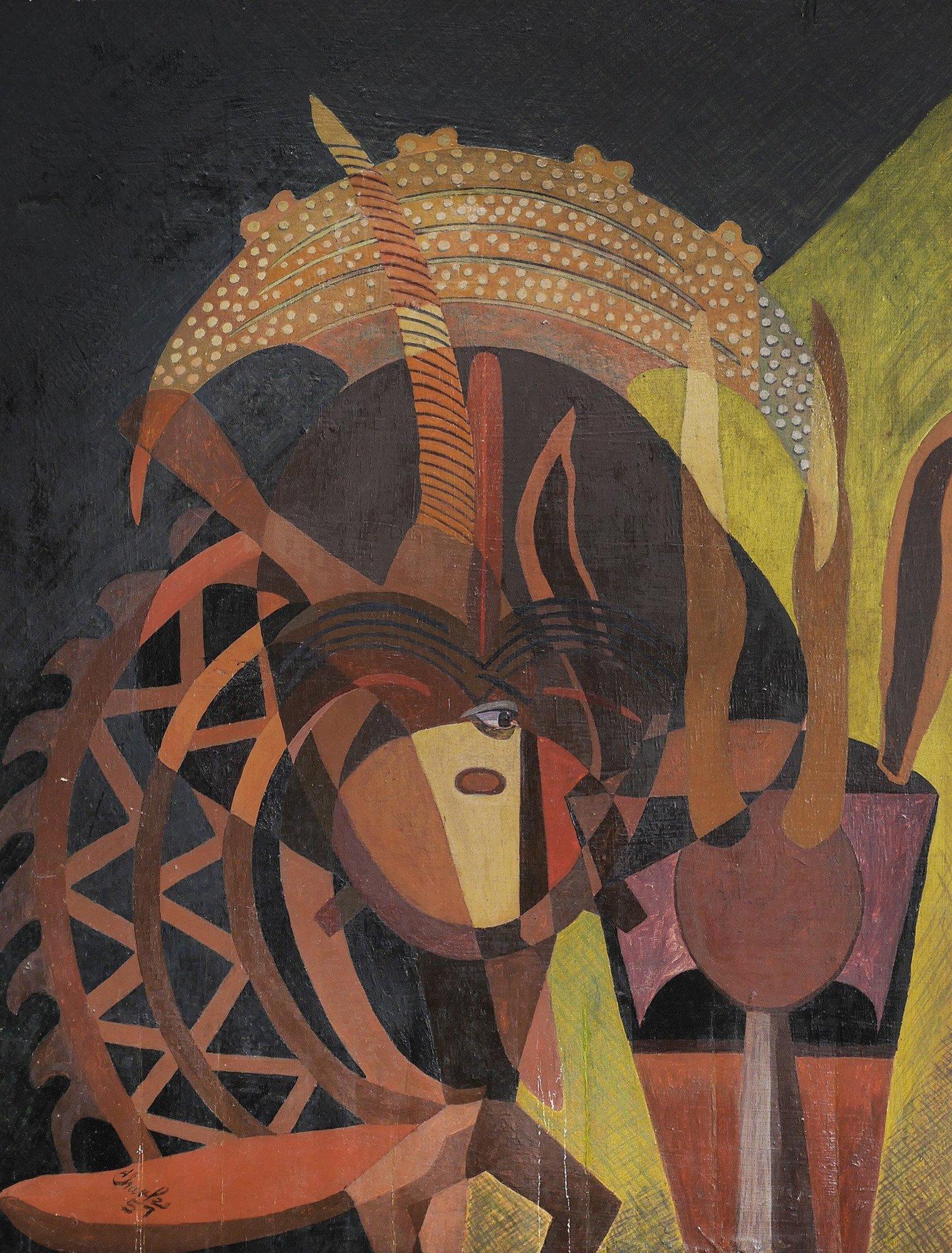Beni E. Kosh Abstract Painting - Meditation on African Sculpture, mid-century figural abstract painting
