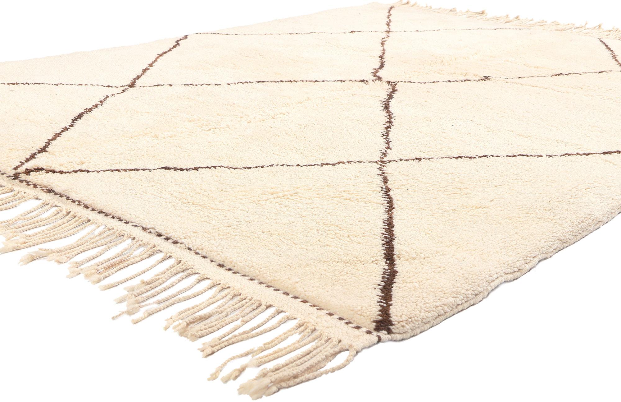 20767 Modern Moroccan Beni Ourain Rug, 05'03 x 06'05.
In the marriage of minimalist Shibui principles and the modern coziness of Hygge, this hand-knotted wool Moroccan Beni Ourain rug emerges as a masterpiece of simplicity and refined comfort. The
