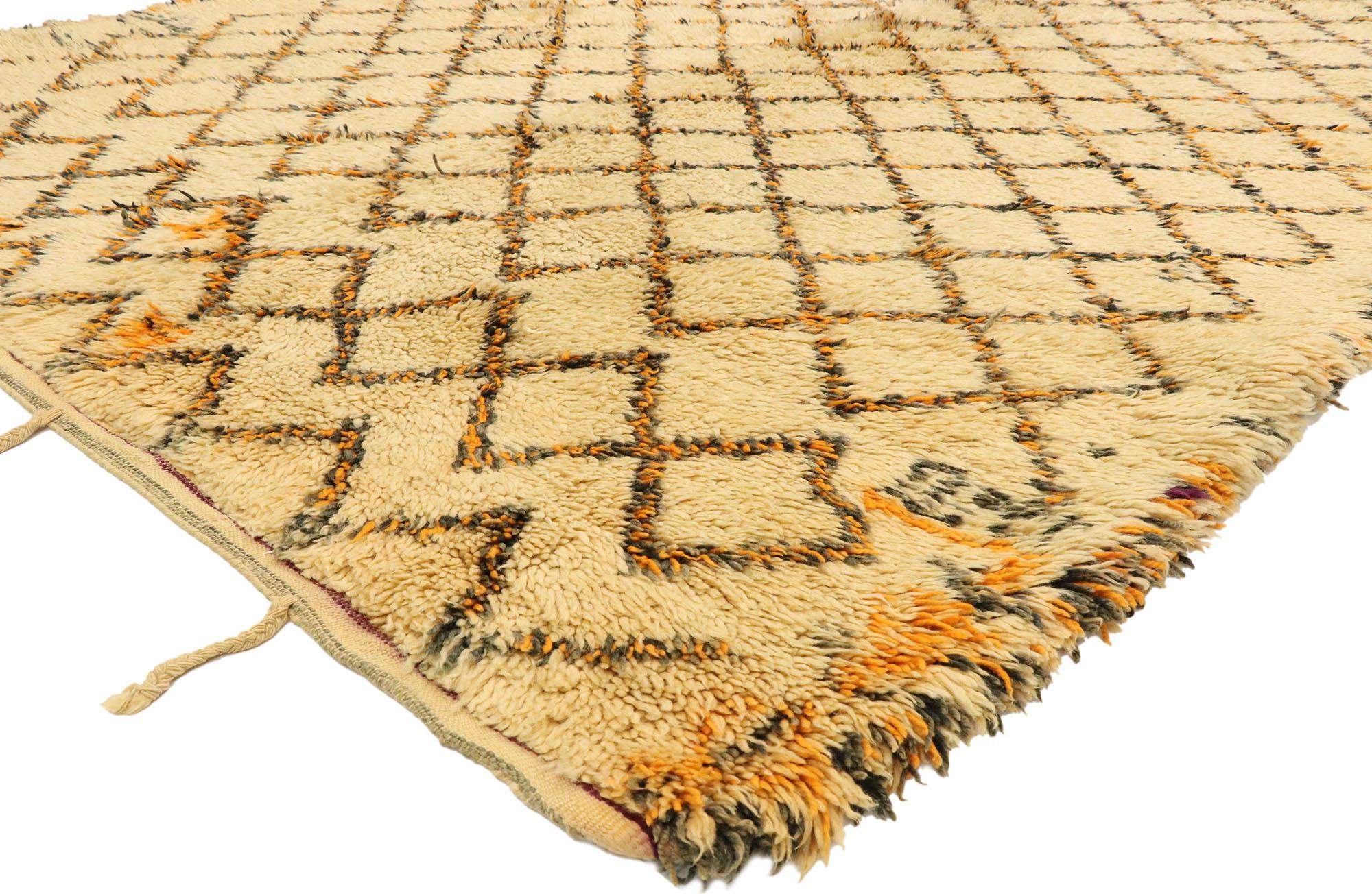 20246 Vintage Moroccan Beni Ourain Rug, ​05'02 x 11'04. Originating from the esteemed Beni Ourain tribe, an integral part of Morocco's vibrant Berber culture, these Moroccan rugs are meticulously handcrafted with meticulous attention to detail,