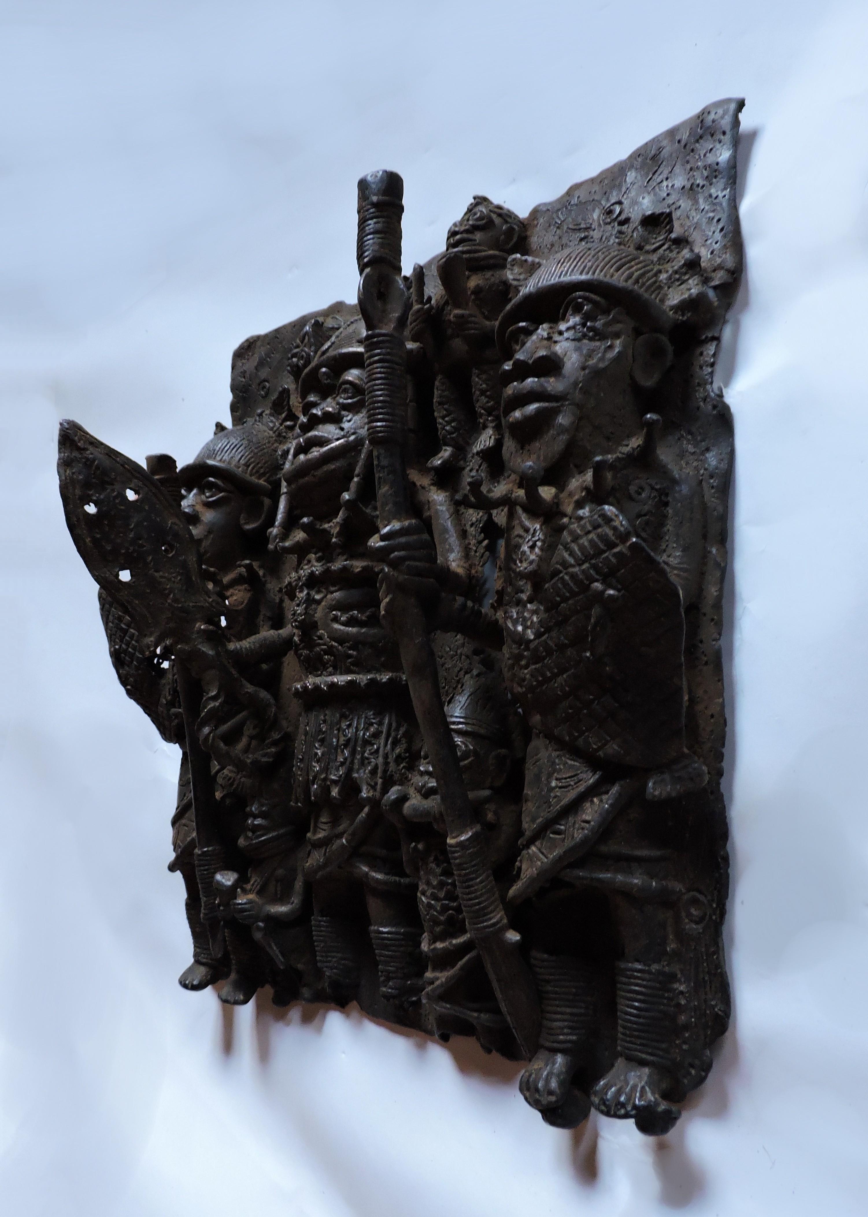 Cast Benin African Art Tribal Bronze Relief Sculpture Plaque For Sale