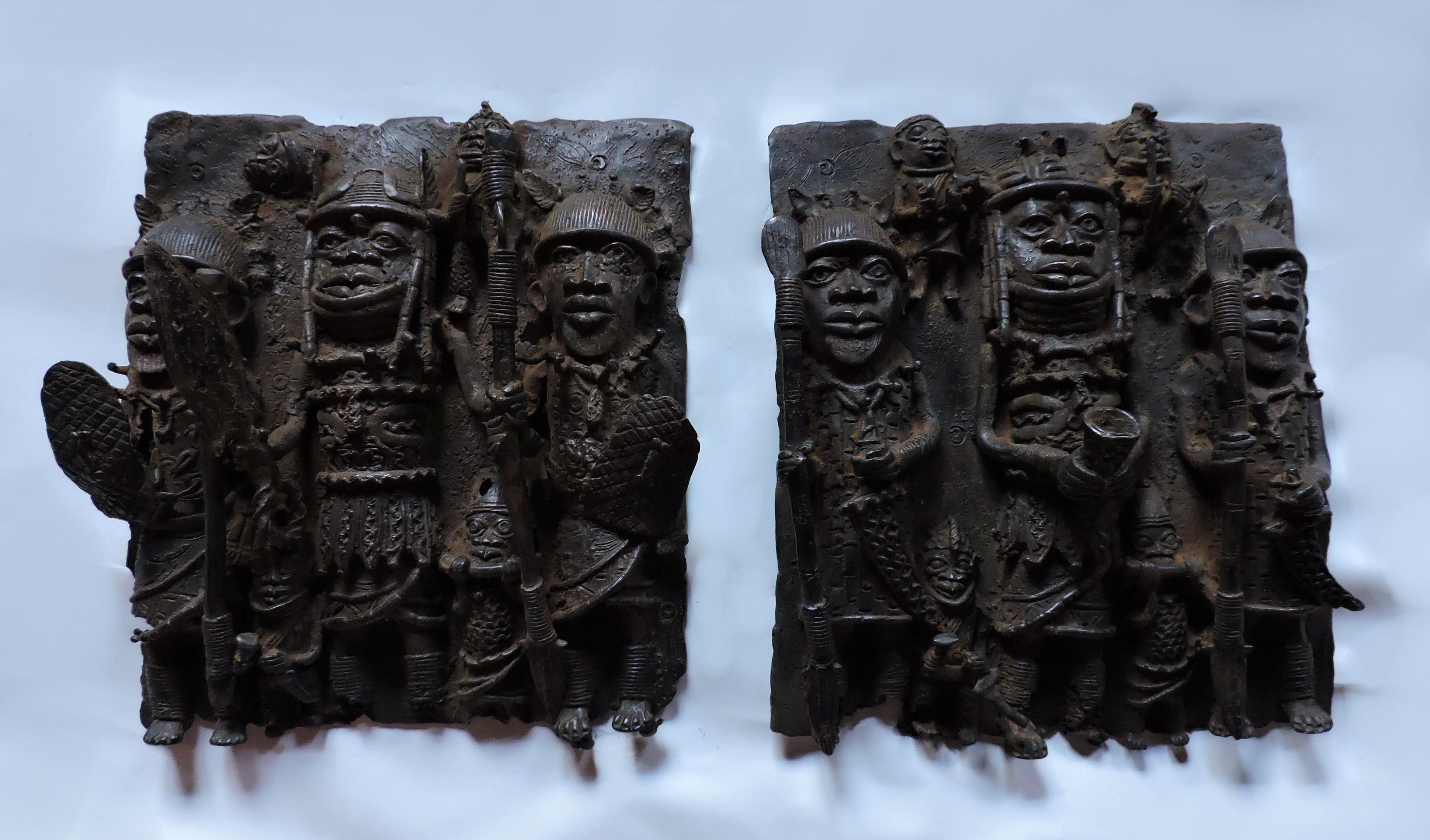 20th Century Benin African Art Tribal Bronze Relief Sculpture Plaque For Sale