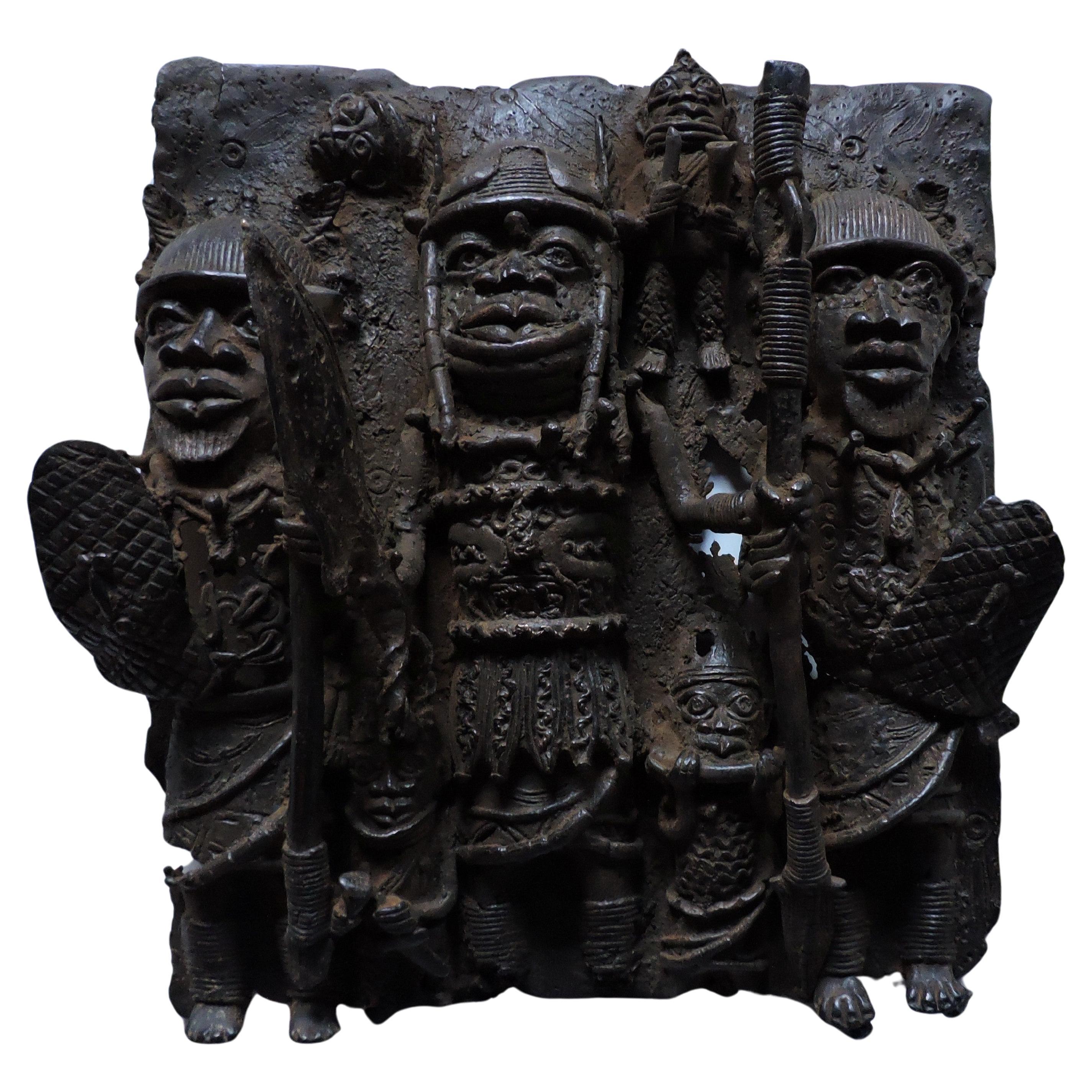 Benin African Art Tribal Bronze Relief Sculpture Plaque For Sale