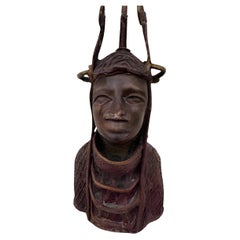 Benin Bronze Aba Ancestral Head Bust Sculpture