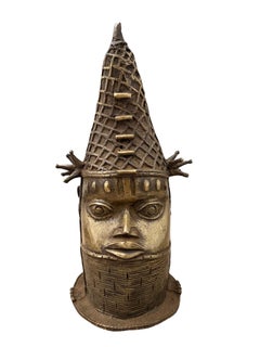 Benin Bronze Head 1990s African Tribal Art Oba Style Lost Wax Cast Brass