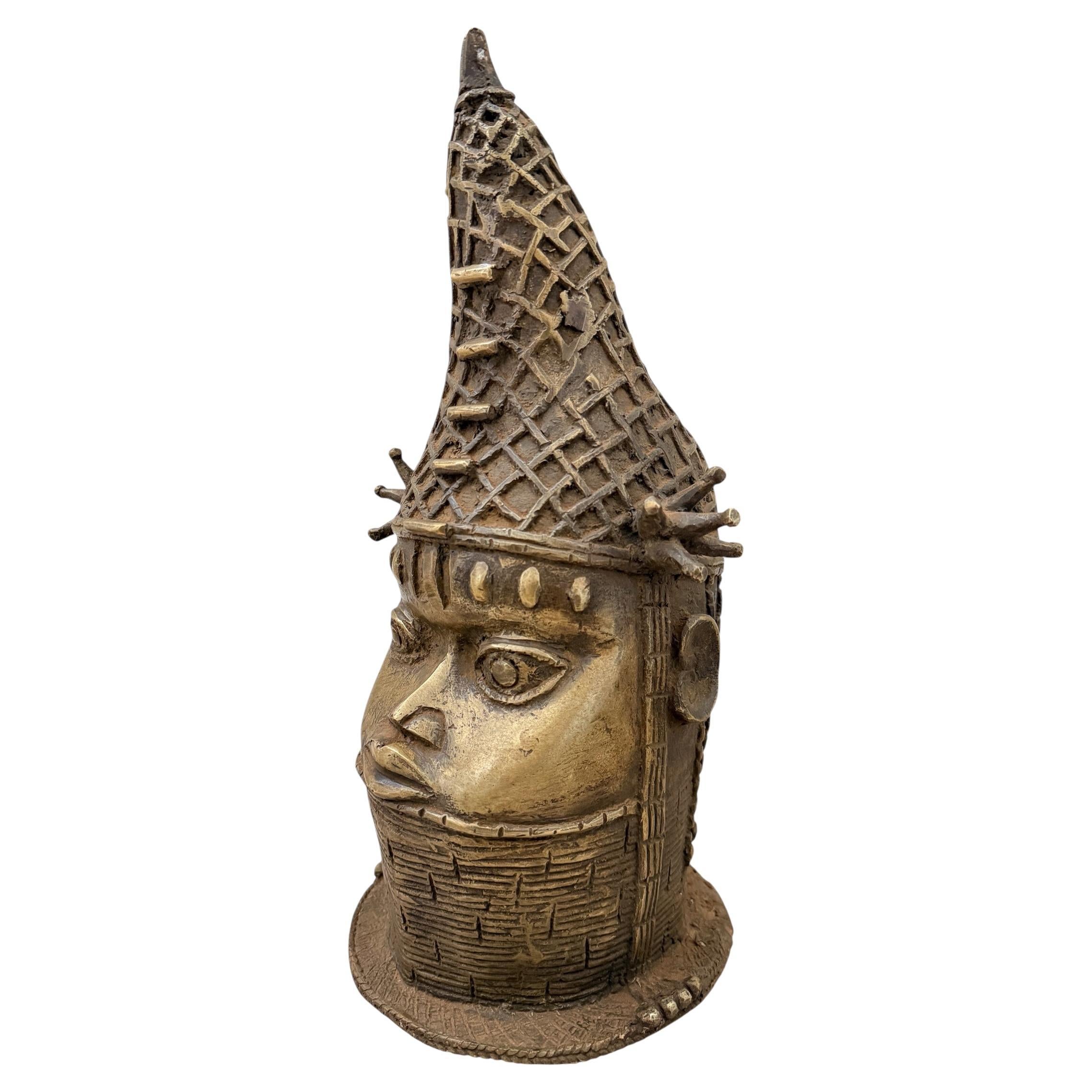 Benin Bronze Head 1990s African Tribal Art Oba Style Lost Wax Cast Brass