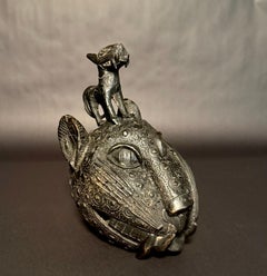 Benin Bronze Leopard Head With Feline Figure