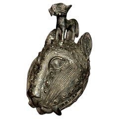 Benin Bronze Leopard Head With Feline Figure