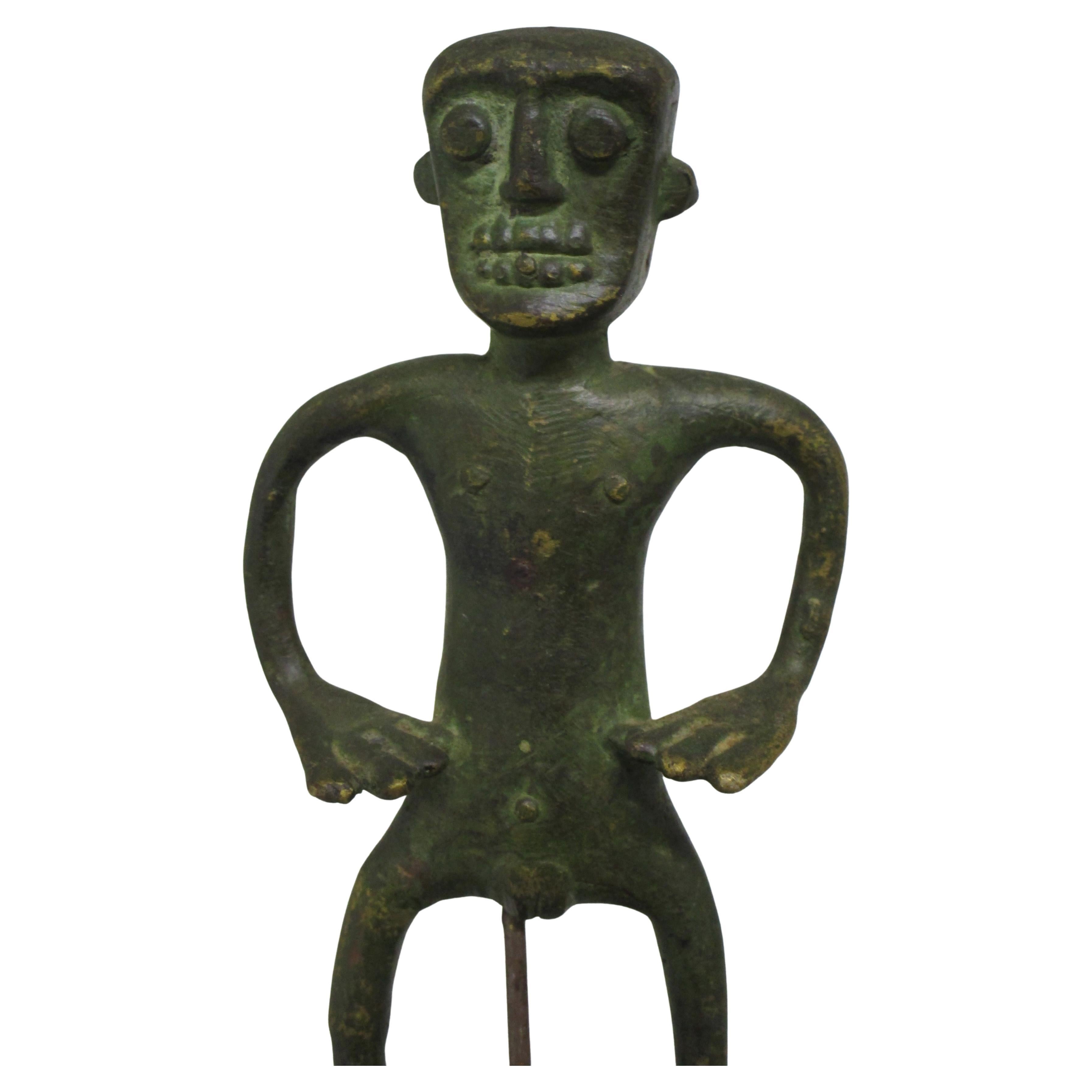 West Africa Benin bronze male figure in beautifully patinated surface. Lightly glue mounted to rectangular hardwood stand. On stand measures 9 1/2