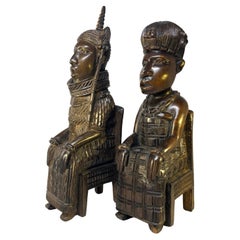 Benin King Oba and Queen, Pair of Hand Carved Seated Ebony Figures West African