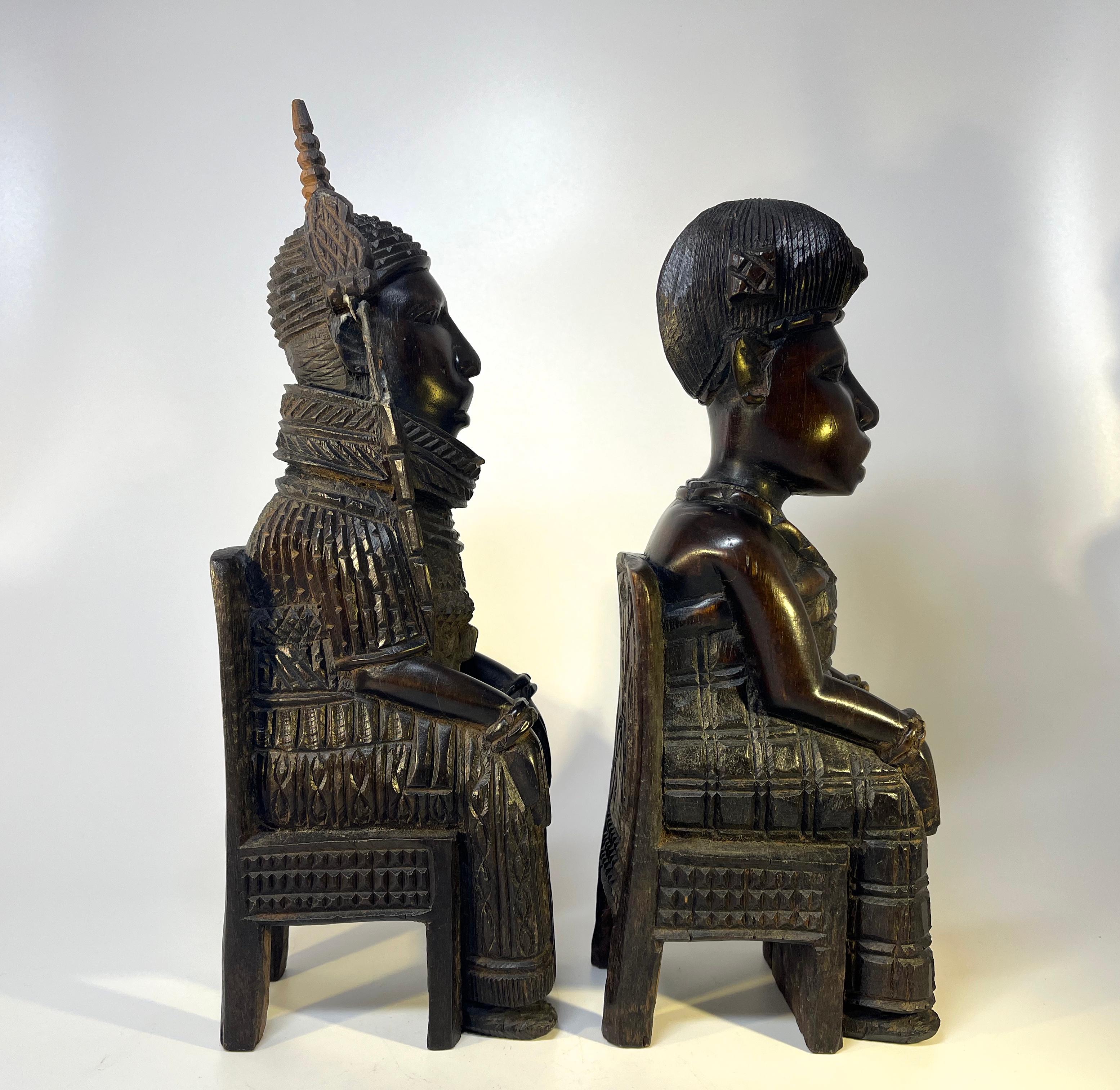 Beninese Benin King Oba and Queen, Pair of Hand Carved Seated Ebony Figures West African For Sale