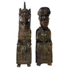 Vintage Benin King Oba and Queen, Pair of Hand Carved Seated Ebony Figures West African