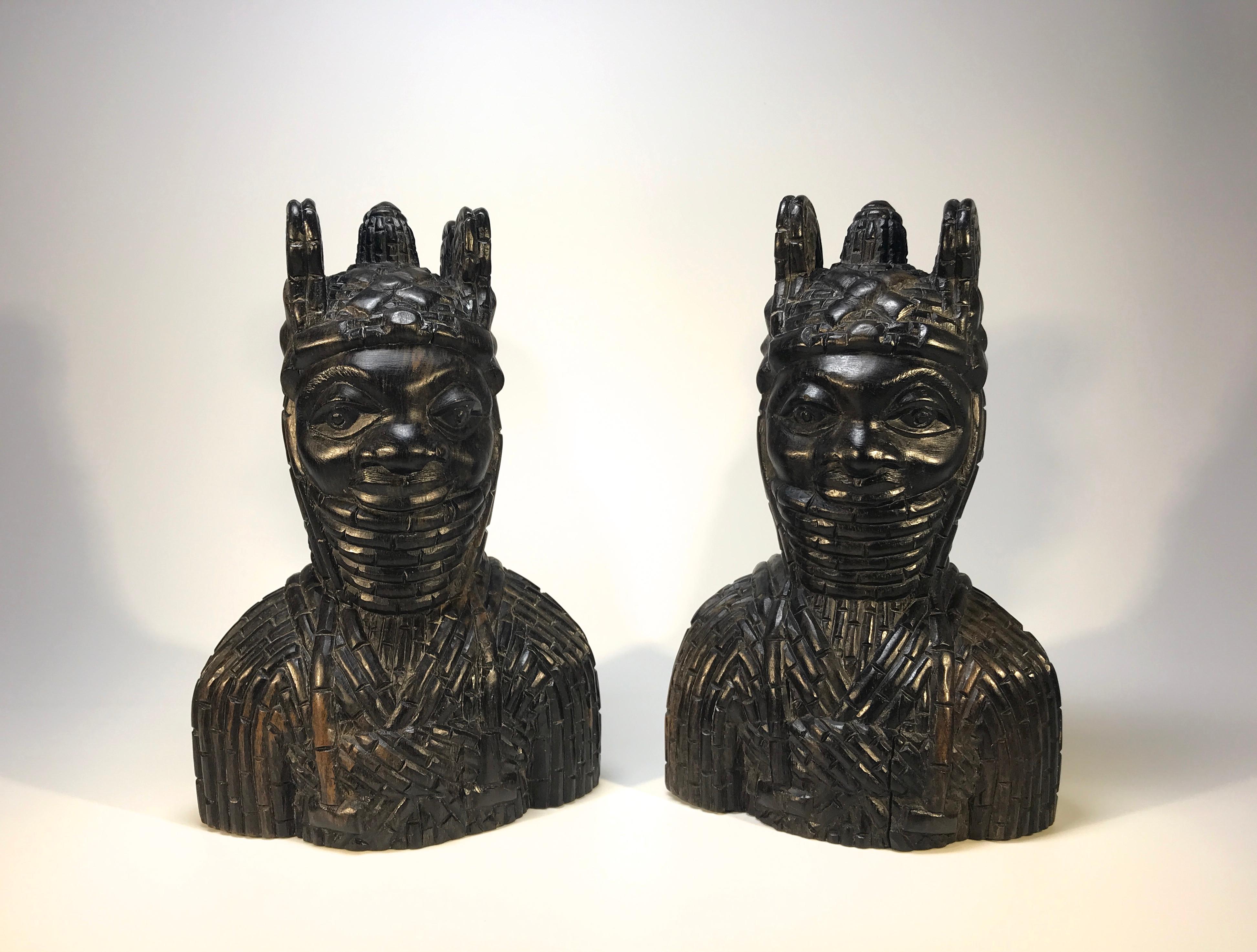 Ebony Benin King Oda and Queen Pair of Hand Carved Antique Figures West African 1920s