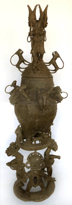 Benin ‘Nigeria’ Bronze Figural Offering Depicting Leopards and Tribesmen