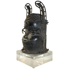 Benin 'Oba' Bronze Head on Plexiglas Base African Sculpture