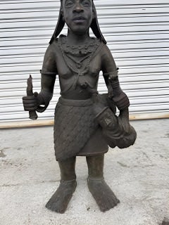 Large 35" Benin Bronze Sculpture Of An Oba Warrior